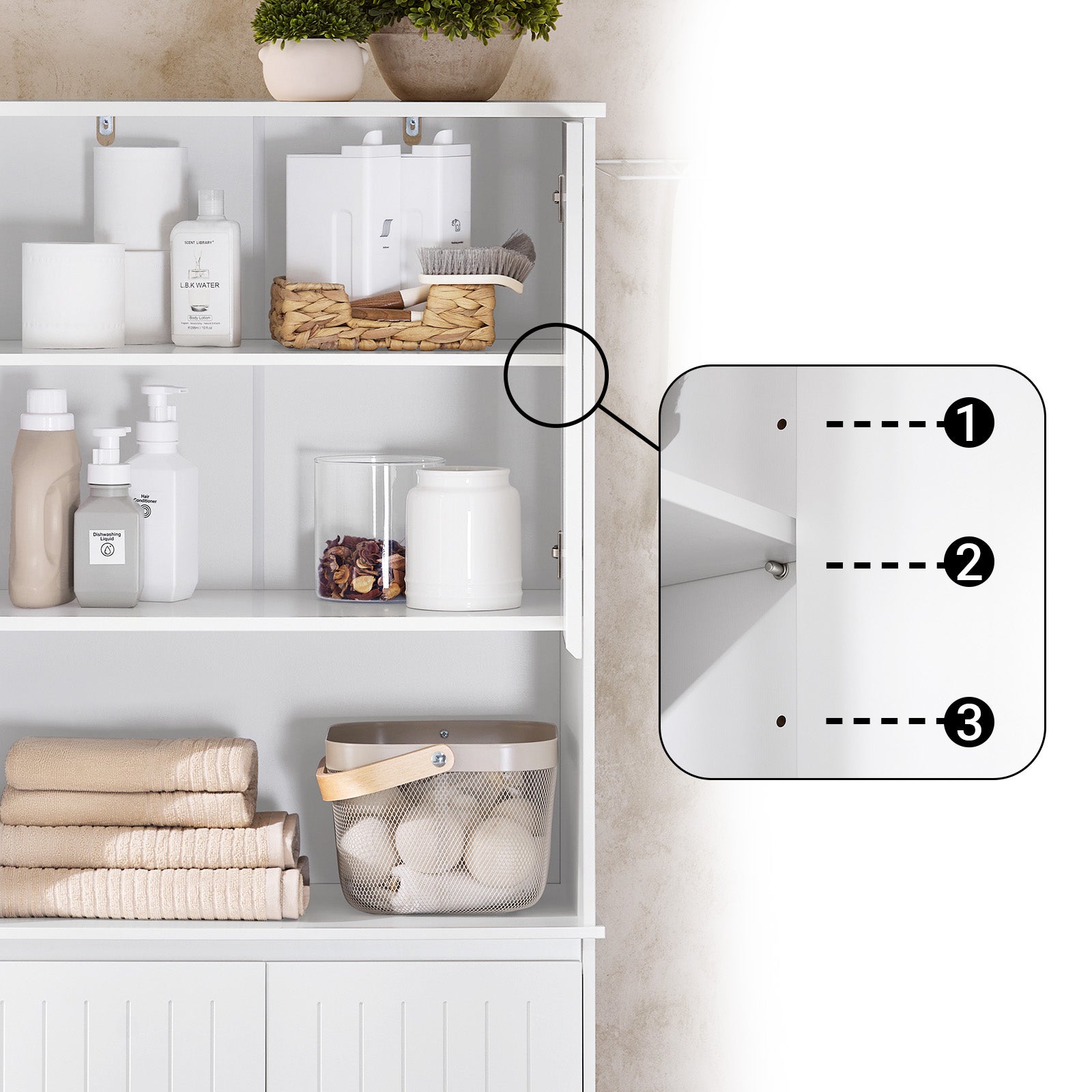 SoBuy Armoire de Salle de Bain Haute avec Sac à Linge, Colonne Meuble Salle de Bain avec Portes, 2 Paniers à Linge Amovibles, Blanc, BZR150-W - 7