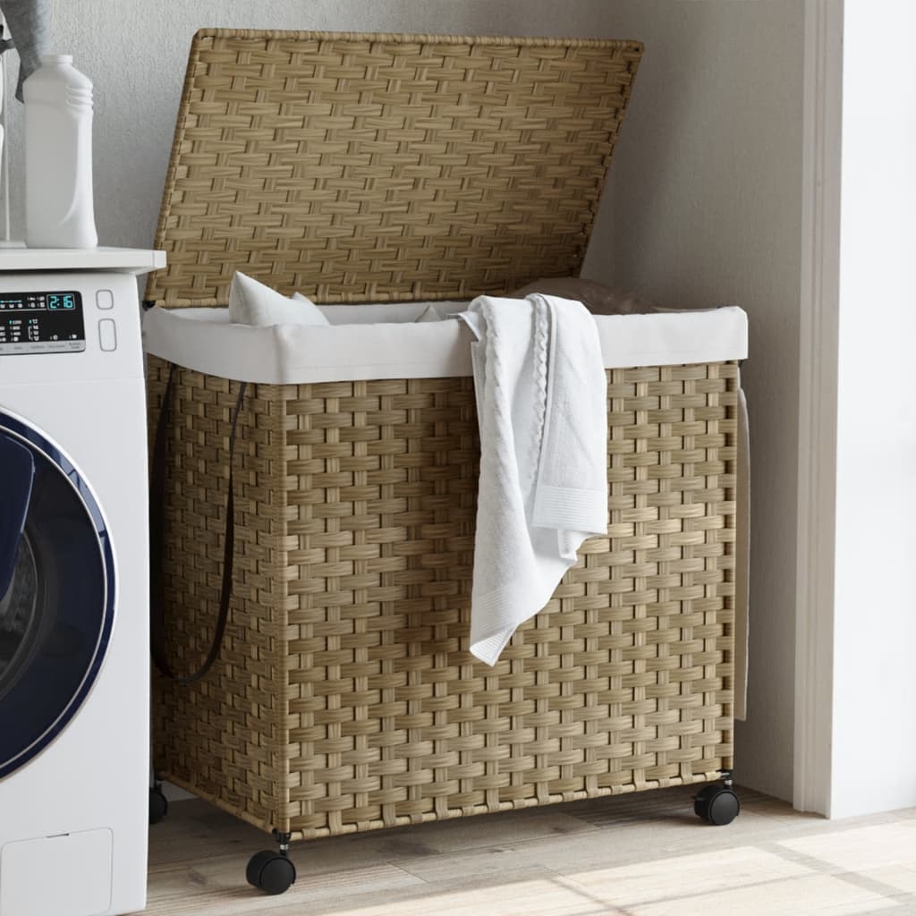 Cesto Portabiancheria Con Ruote E Coperchio Da 75L, Pieghevole Con Telaio In Bambù E Borsa, Bianco - 6