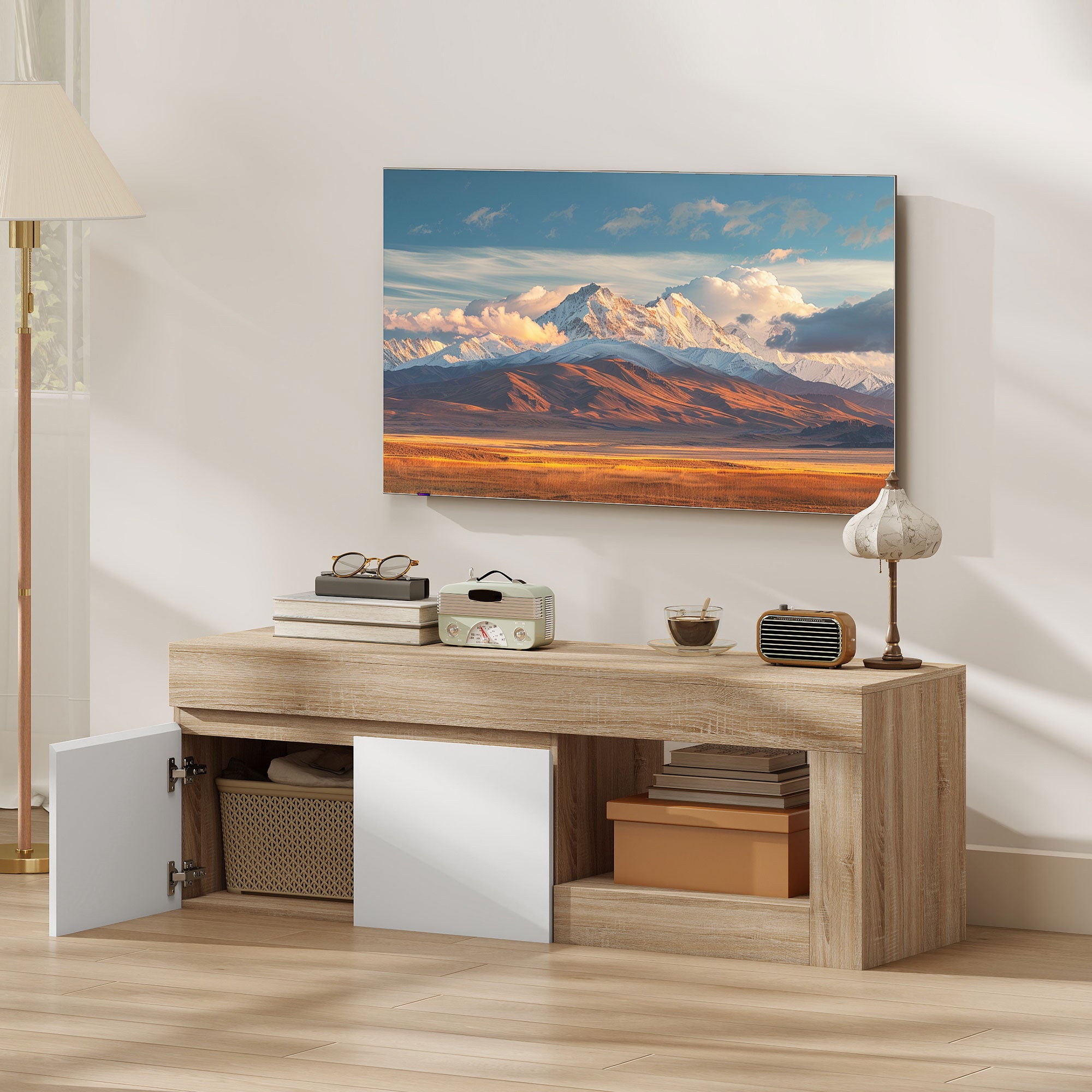 Mobile TV HOMCOM Per Televisori Fino A 60'' - 140x40x48 Cm, Con Ante Soft Close, Bianco E Legno
