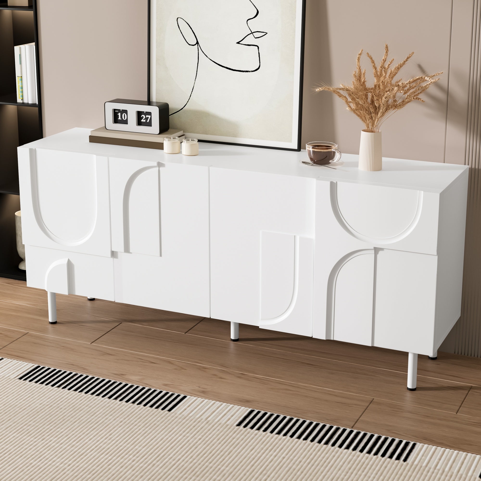 Nowoczesny kredens 160 x 38,5 x 70 cm - 4 drzwi - Metalowe nogi - MDF + płyta wiórowa - Biały