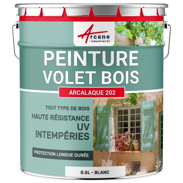 Peinture volet bois extérieur - Laque effet tendu longue durée Blanc - RAL 9003 - 0.5 L - ARCANE INDUSTRIES
