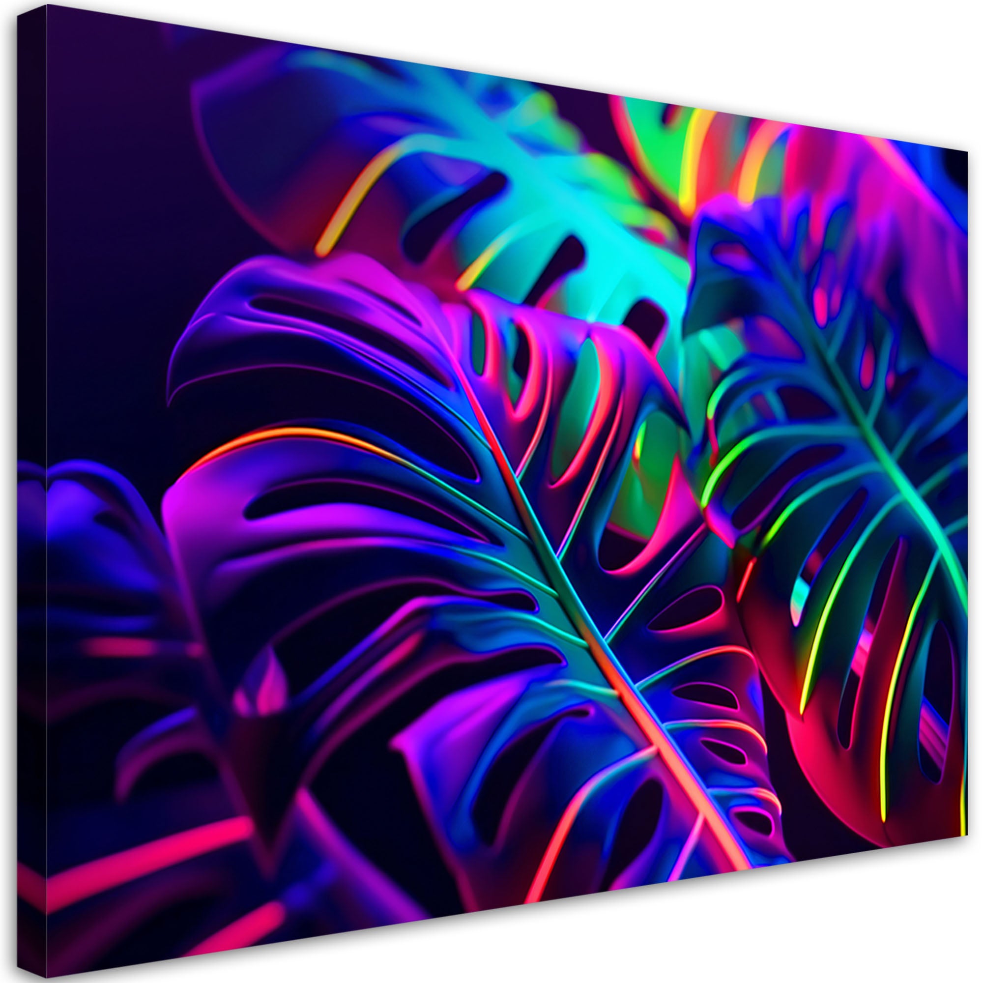 Obraz na płótnie, Liście monstery w neonowych barwach 120x80
