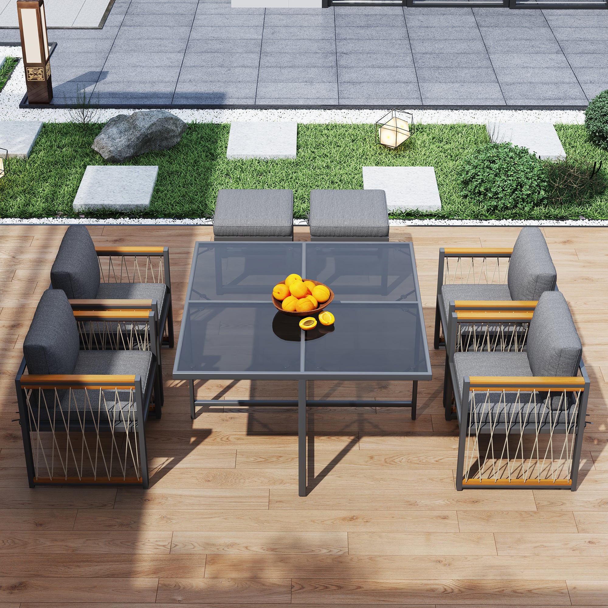 Set 3 Sedie A Dondolo E Tavolino Da Esterno Pieghevoli - Blu, Acciaio E Vetro - Per Giardino E Balcone - Foto 2