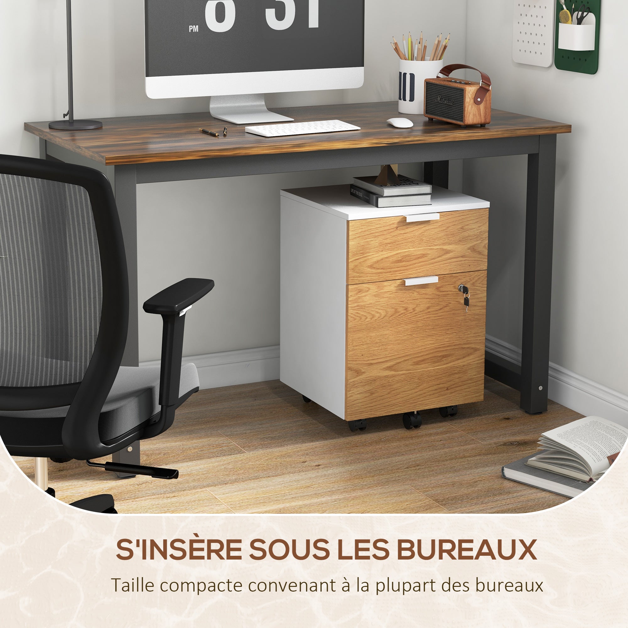 Caisson de bureau, meuble de rangement 2 tiroirs 2 barres pour dossier suspendu, verrouillable avec 2 clés 42x40x60 cm - 9