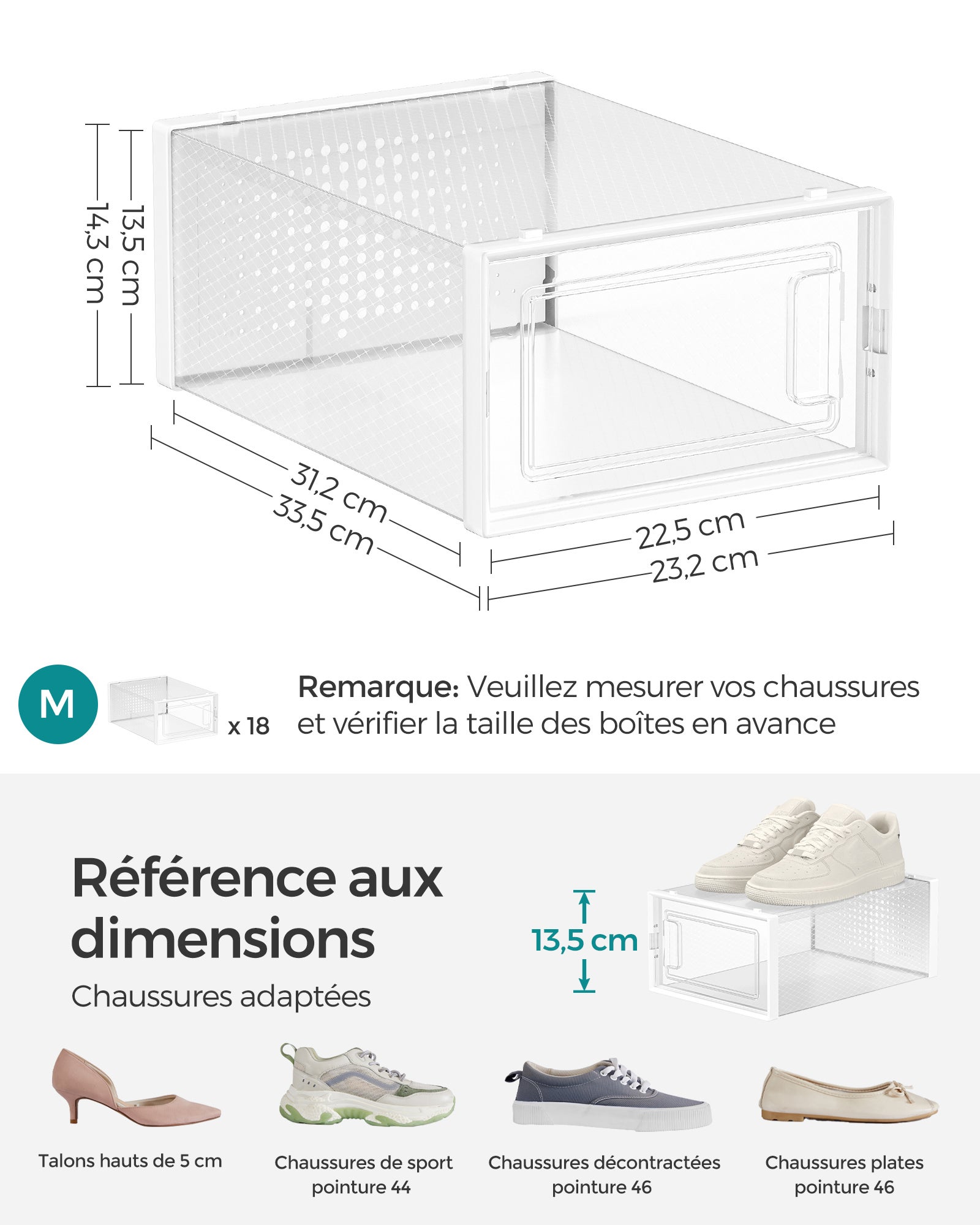Boîtes à Chaussures, Lot de 18, Rangement Chaussures, Pliable, pour Pointure jusqu’à 44, Transparent et Blanc - 5
