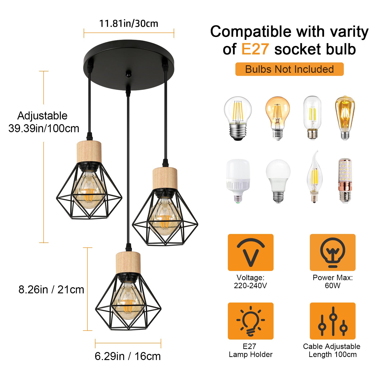 GOECO Lustre Suspension en Diamant, Noir - 3 Têtes, Châssis Rond 30 CM, fil 1m(Réglable), Base E27(sans Ampoule) - 3