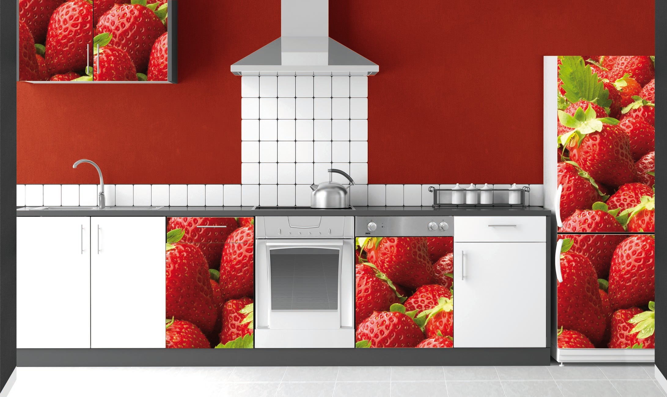 Pegatina decorativa del refrigerador, fresas frescas gigantes en trompe l'oeil, belleza gourmet, 59.5 cm x 180 cm