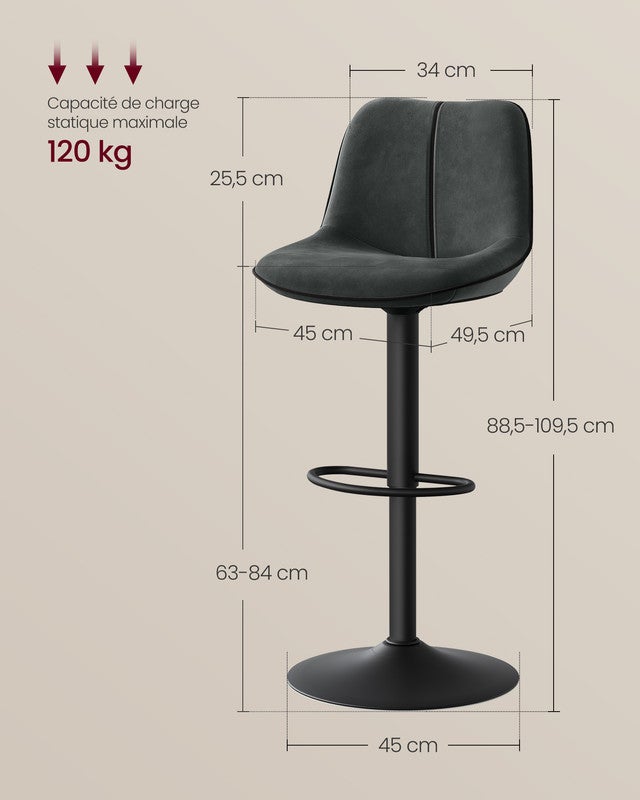 Lot de 2 Tabourets de Bar, Pivotants, Réglables en Hauteur, Dossier Ergonomique, Velours,Modernes, pour Îlot de Cuisine, Bar, Gris Anthracite - 5