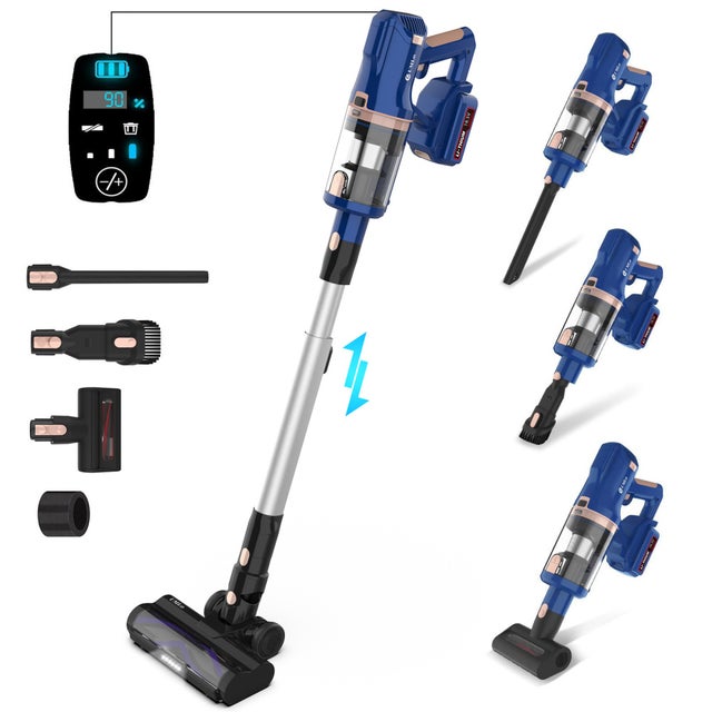 Aspirador de pó vertical sem fio 2 em 1 potente com filtro HEPA, 300 W, bateria de 4000 mAh, luz LED e acessórios.