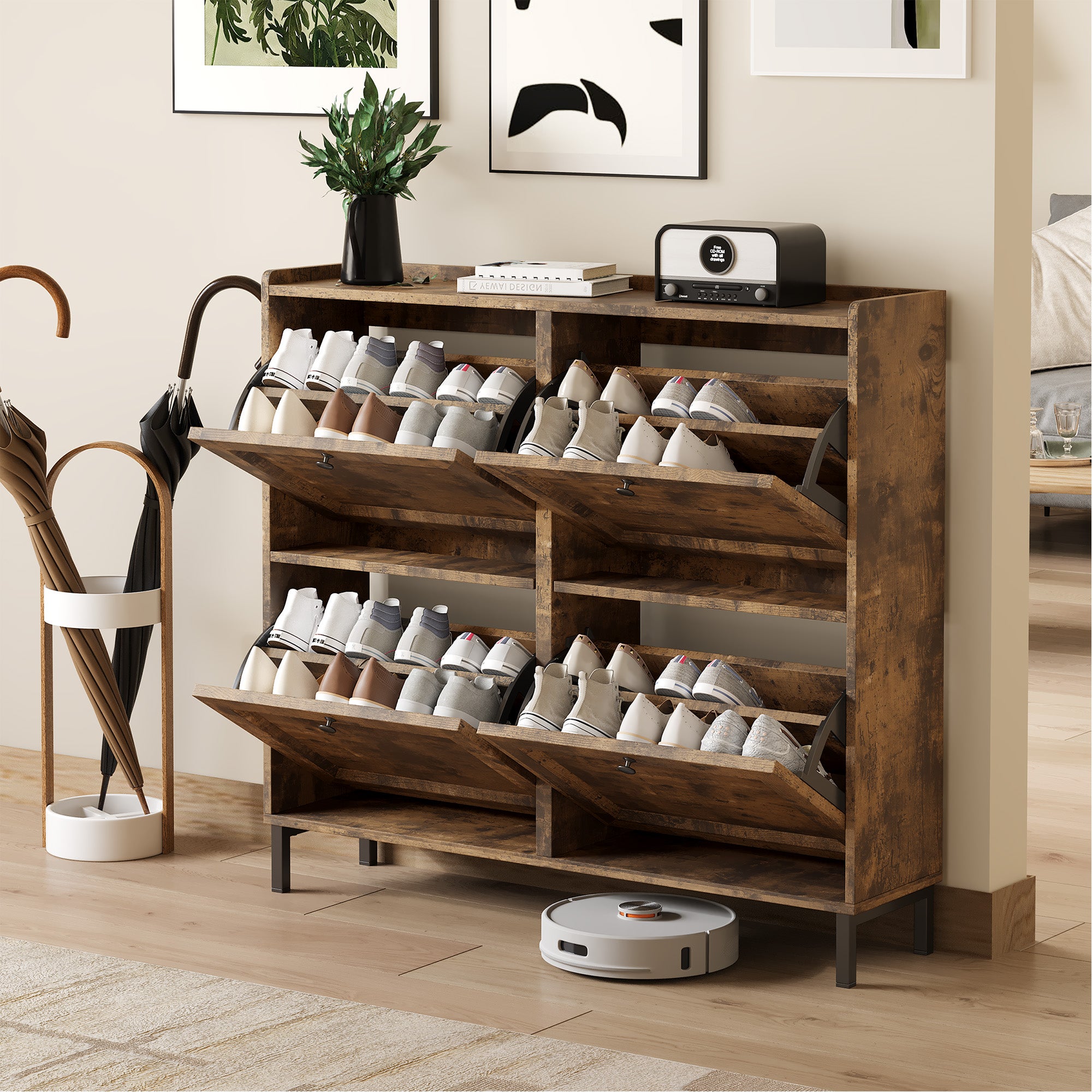 Meuble à chaussures industriel gain de place avec 4 abattants pour entrée, meuble de rangement moderne - 8