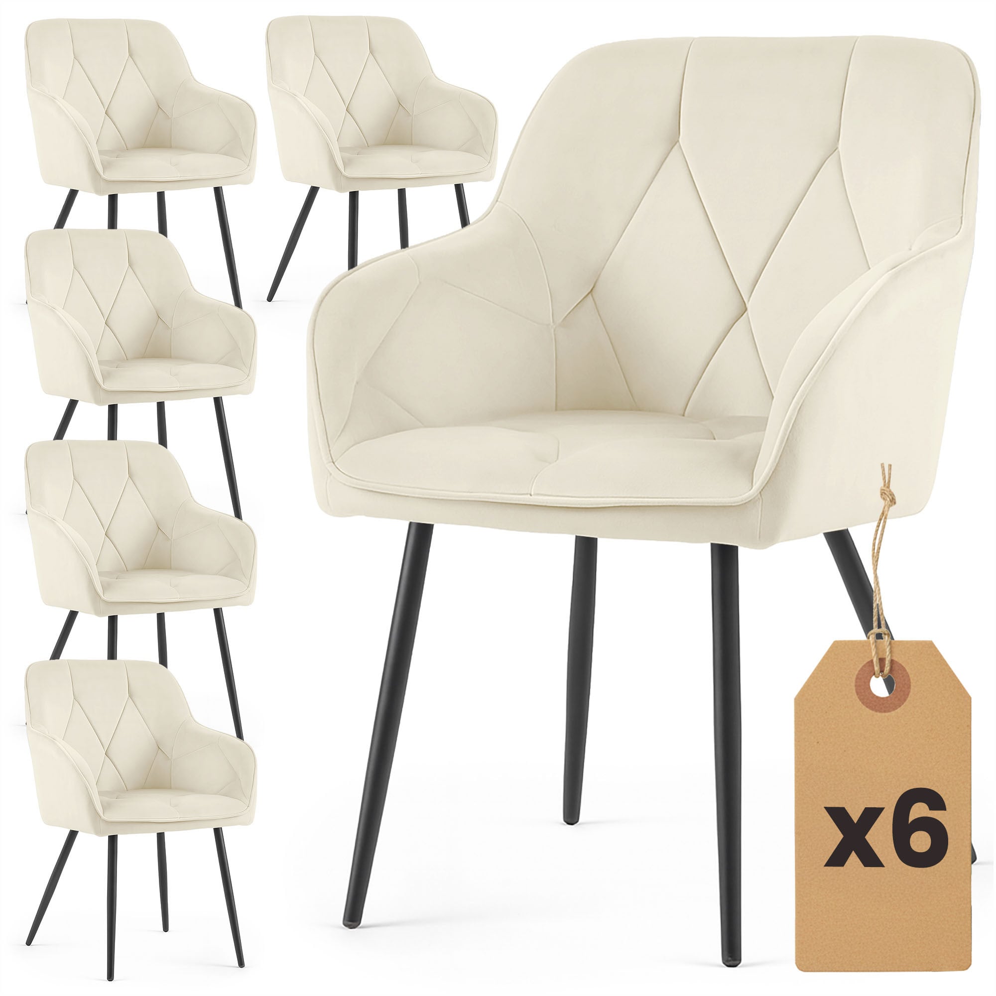 6x Welurowe krzesło tapicerowane pikowane Kremowe DIAMANTE Czarne nogi