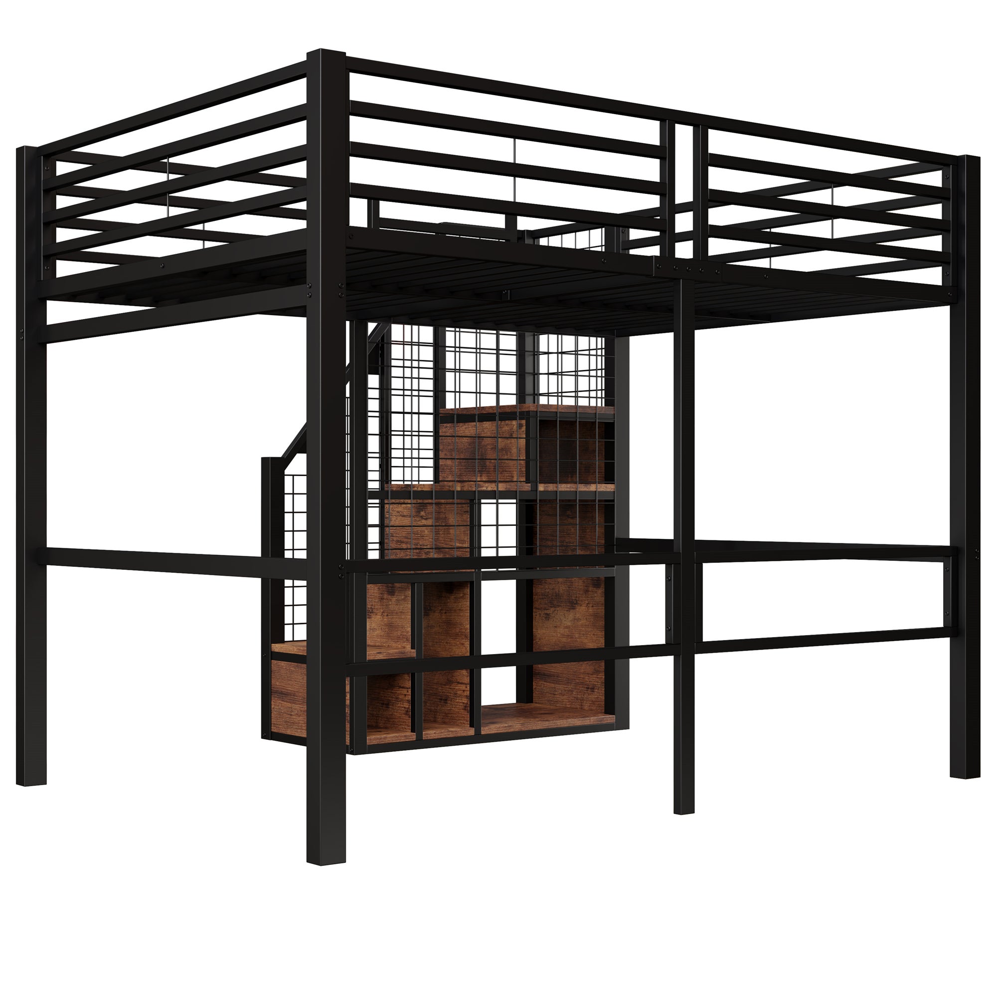 Lit mezzanine double 140×200cm, Avec espace de rangement, Lit enfant en fer, avec escalier de sécurité et garde-corps, Noir (matelas non inclus) - 4
