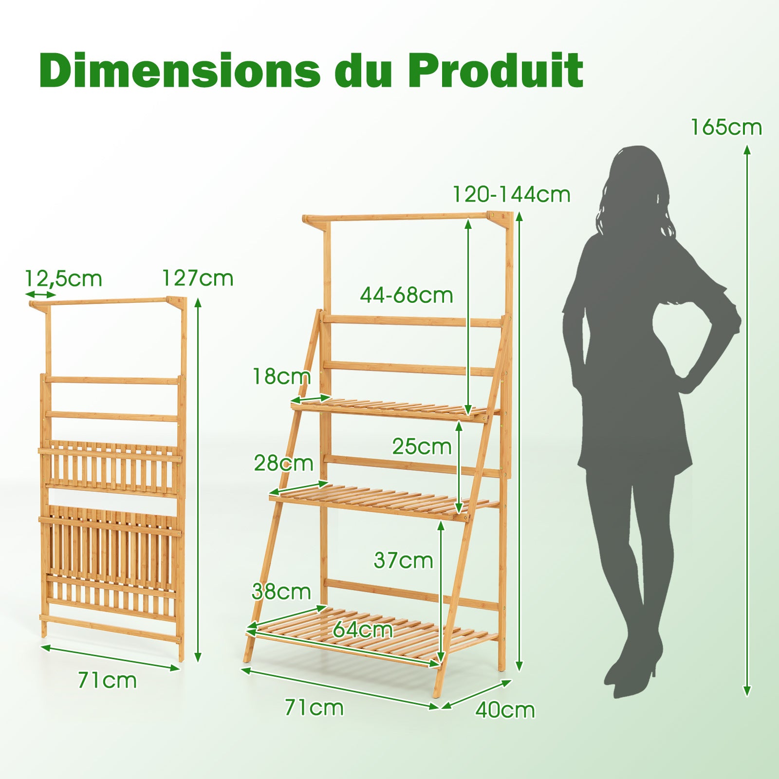 Etagère de jardin pliables à 3 niveaux de rangement, Support Plantes Interieur, 71×40×120-144 cm, bambou brut - 4