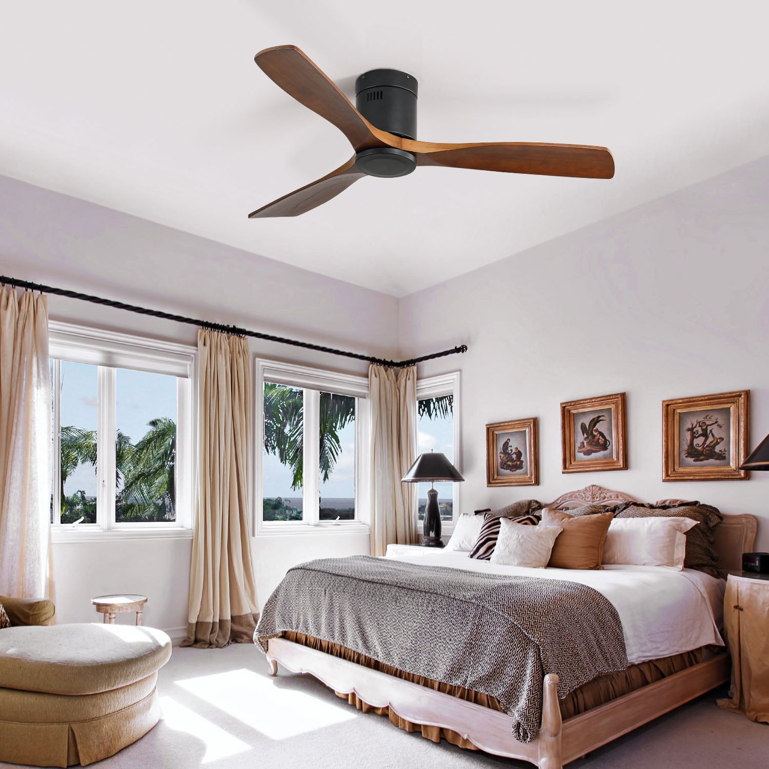 Ventilateur de Plafond 52 Pouces sans Lumière, Moteur DC Réversible à 6 Vitesses, 3 Pales en Bois Massif, Télécommande - Noir - 6