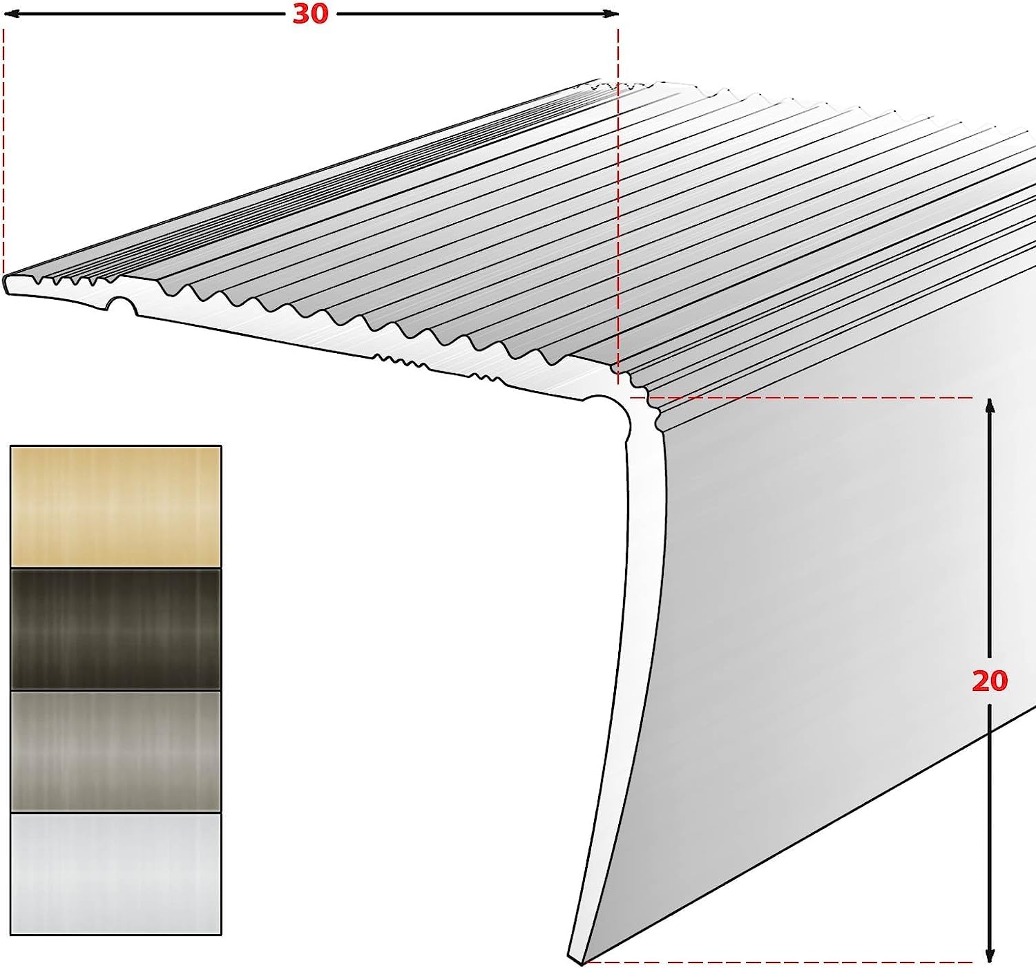 Profilo per gradini a forma di L, 1 pezzo, 30 x 20 mm, Lunghezza: 100 cm, Argento, pre-forato - 2