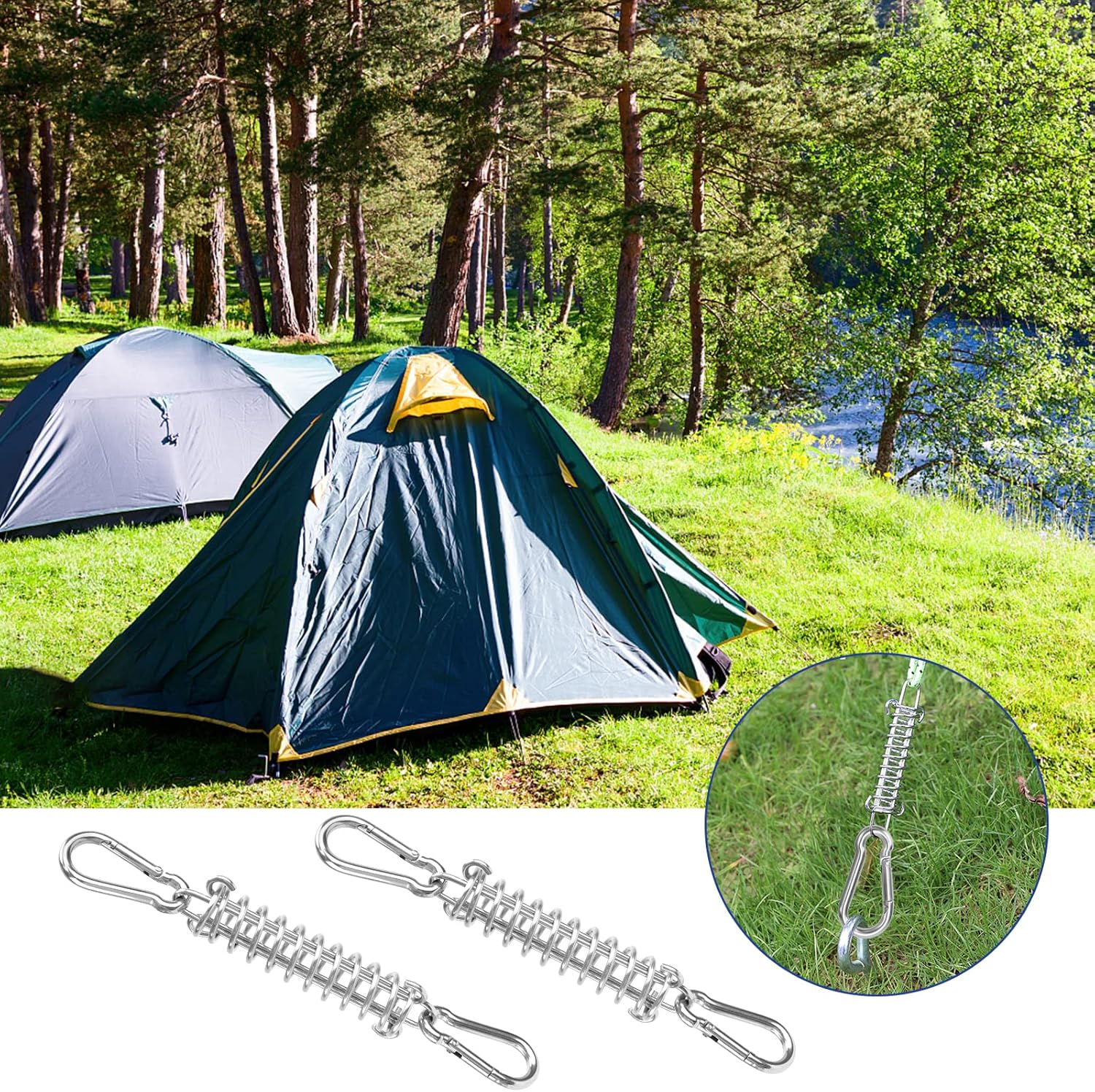 Lot de 4 ressorts de voile d'ombrage et 8 petits mousquetons, ressorts de corde à boucle de maintien de voile d'ombrage pour tente, camping, randonnée - 5