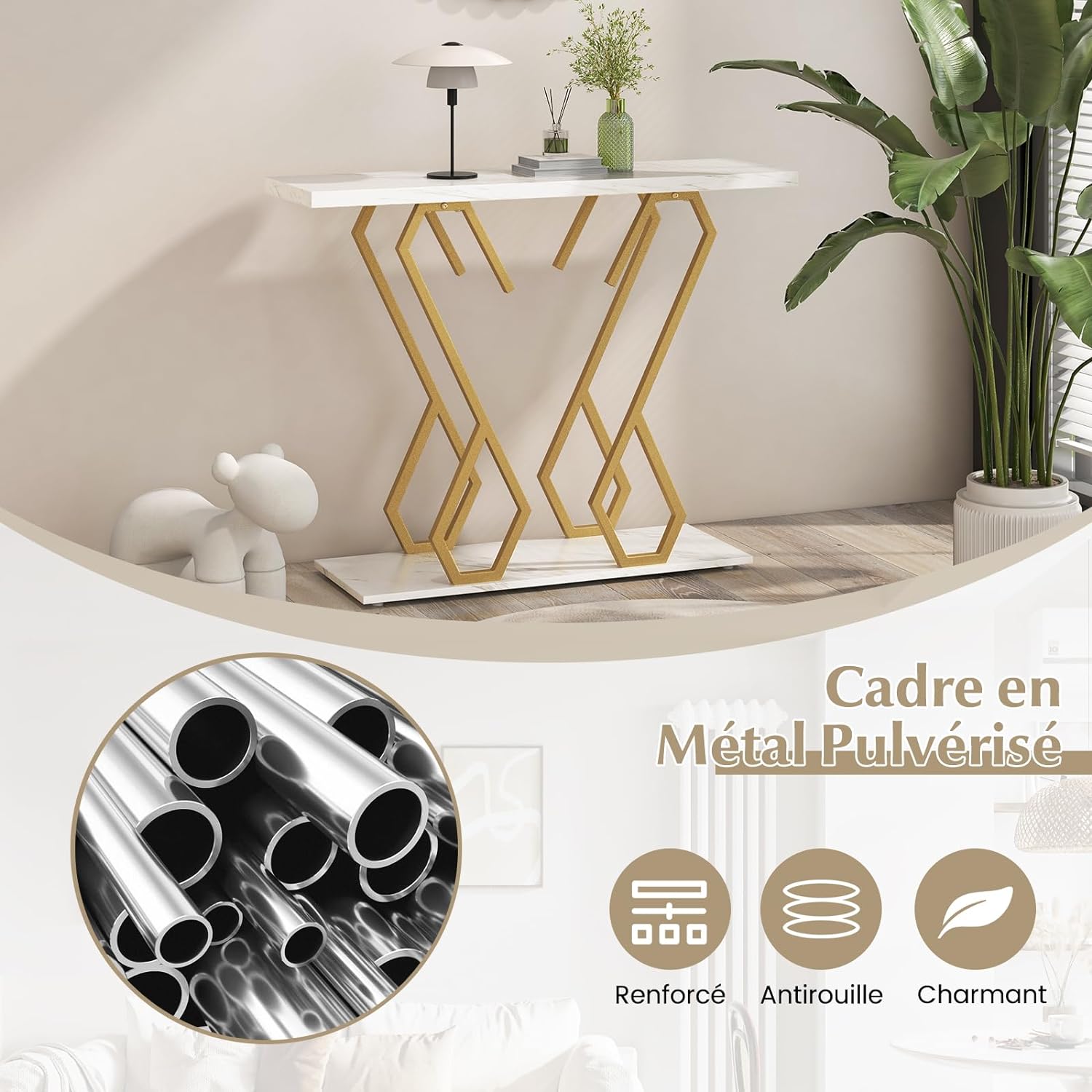 Tavolo Consolle Moderno COSTWAY 120 Cm - Piano Effetto Marmo, Struttura Geometrica Dorata, Con Kit Antiribaltamento
