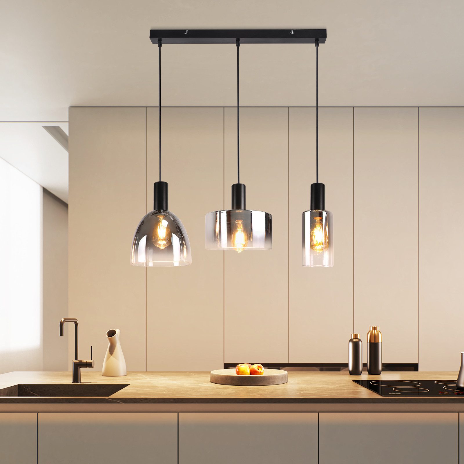 NETTLIFE Lampe à Suspension Pour Table à Manger Vintage En Verre Gris Fumé E27 Réglable En Hauteur Pour Salon - 6