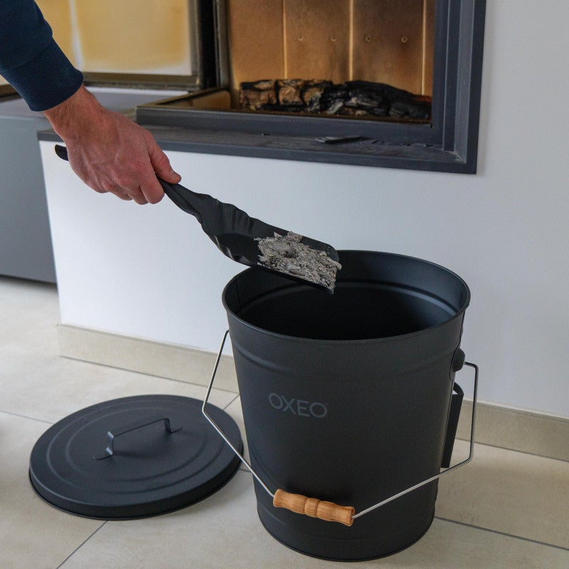 Seau à Cendres Avec Couvercle, Ignifuge, Seau à Charbon Rond Pour Cheminees Seau De 5 Litres Avec Pelle Et Balai A Main Jeu D Outils Accessoires Pour Brasero Poele A Bois