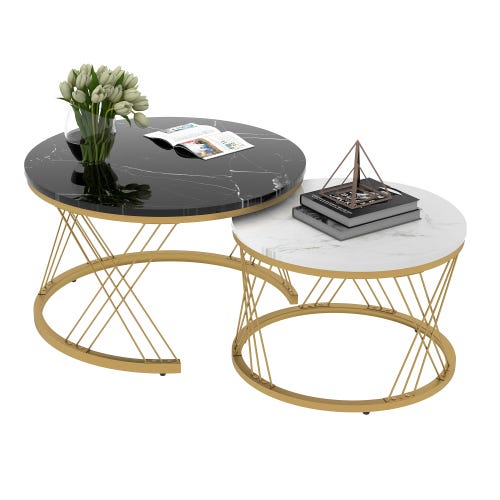 Merax Set di 2 tavolini da caffè rotondi, moderni e marmorizzati, per soggiorno, sala reception, balcone e ufficio, struttura in metallo, nero e bianco Merax Set di 2 tavolini da caffè rotondi, moderni e marmorizzati, per soggiorno, sala reception, balcone e ufficio, struttura in metallo, nero e bianco