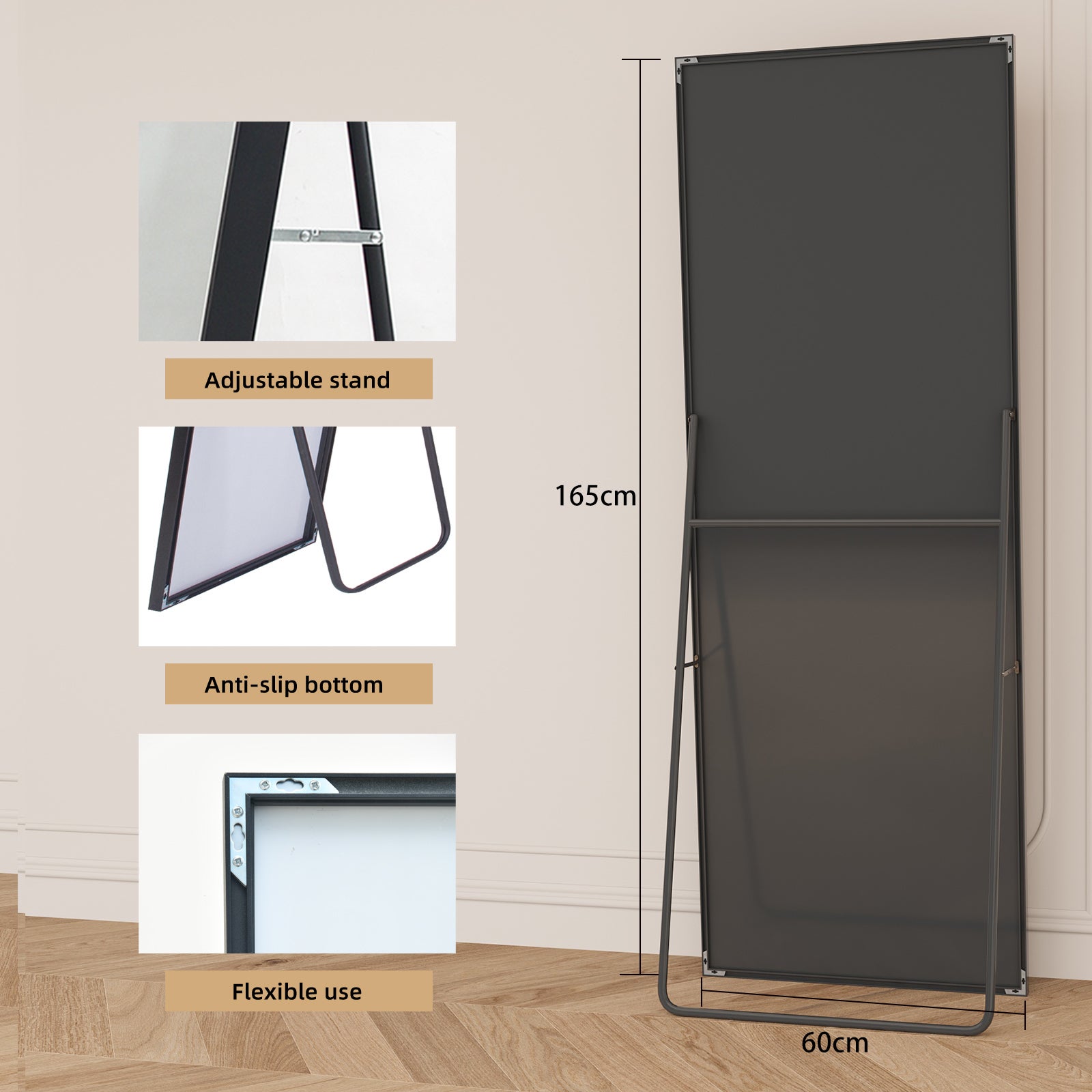 Miroir sur Pied Rectangle - 165x60cm - Cadre en Métal - Miroir HD Grand - Noir - 5