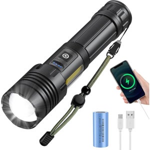 Lampe Torche LED Puissante 2000 Lumens Zoom Rechargeable - Noire
