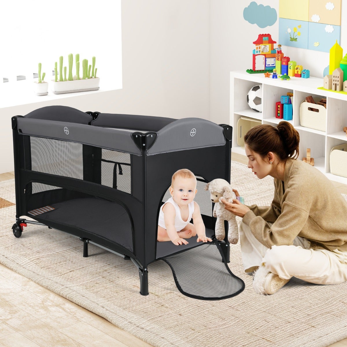 Cuna multifuncional bebé 4 en 1 altura ajustable colchón almacenaje bolsa transporte 0-3 años 125x65x77cm negro