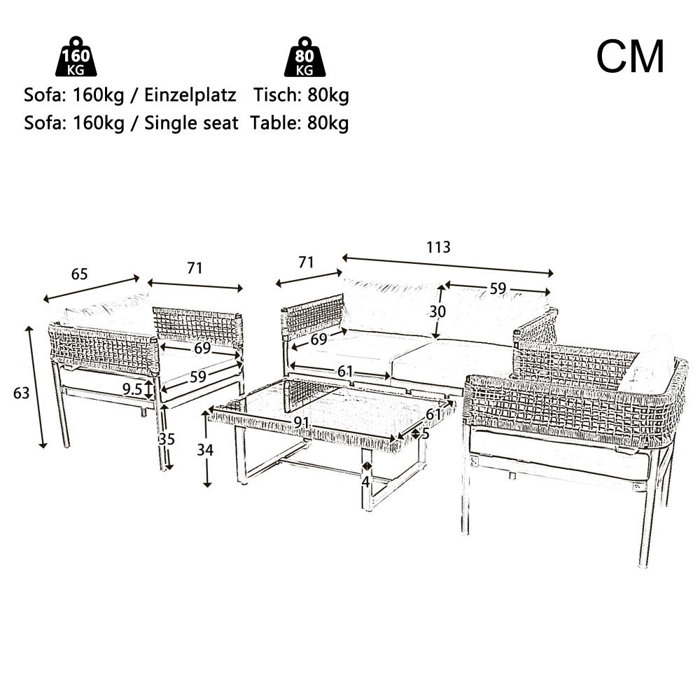 Set de salon de jardin avec canapé 2 places, deux fauteuils, table en verre, corde tressée et coussins inclus pour extérieur - 3