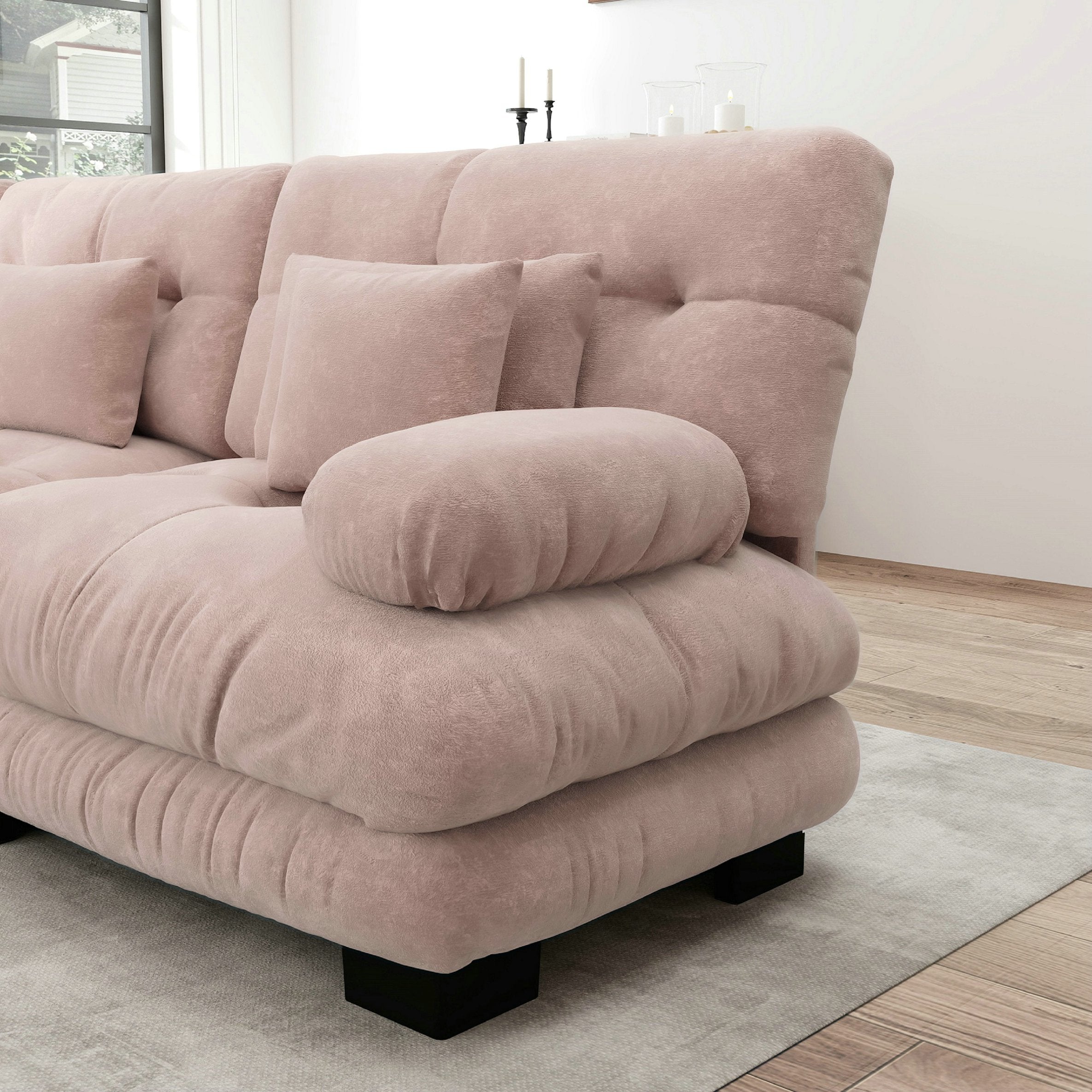 Canapé d\'angle modulable, ensemble en forme de U 4 places confortable effet nuage - avec pouf amovible - chenille - rose - 7