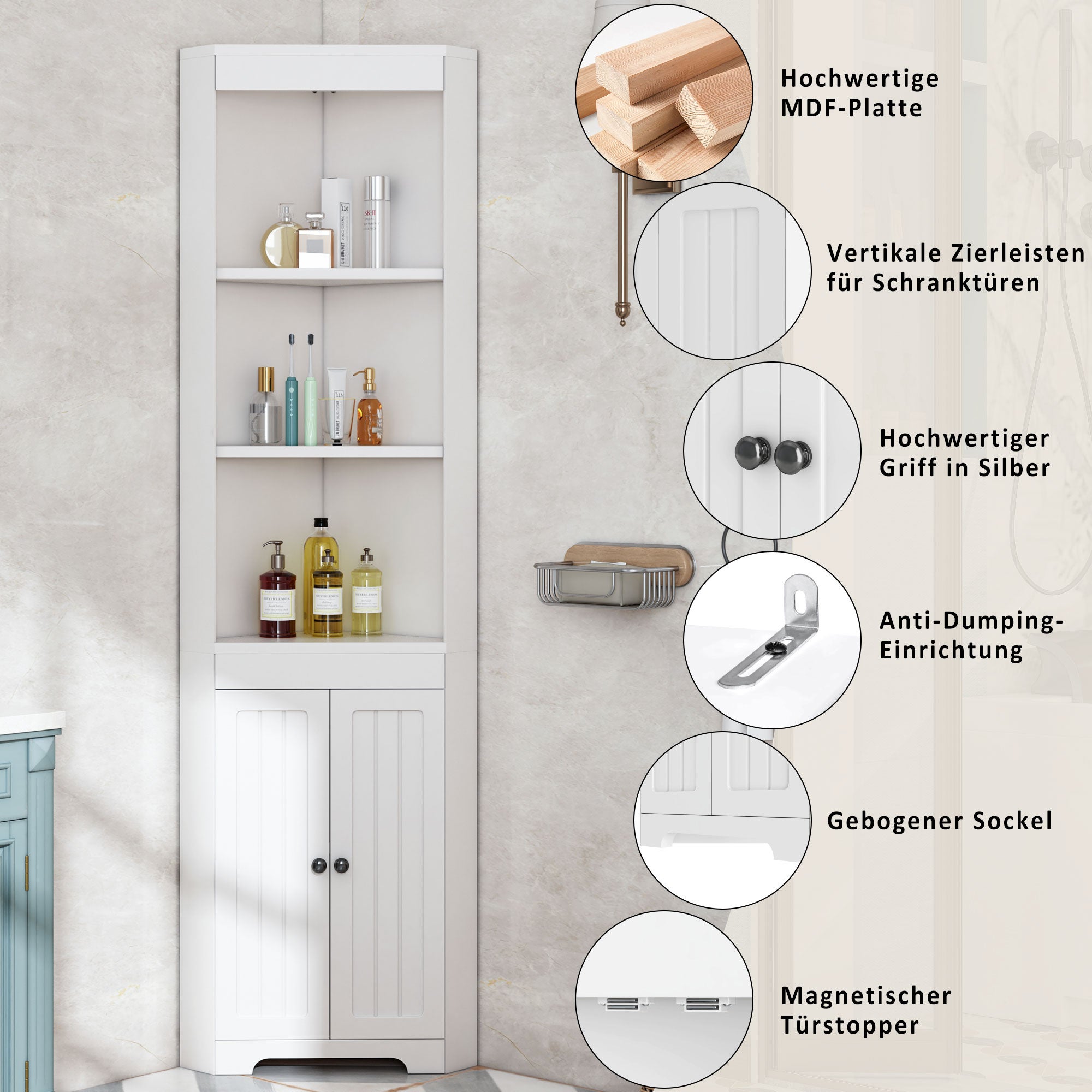 Mueble de baño esquinero - 2 puertas y 3 compartimentos abiertos - Madera MDF - Blanco - 7