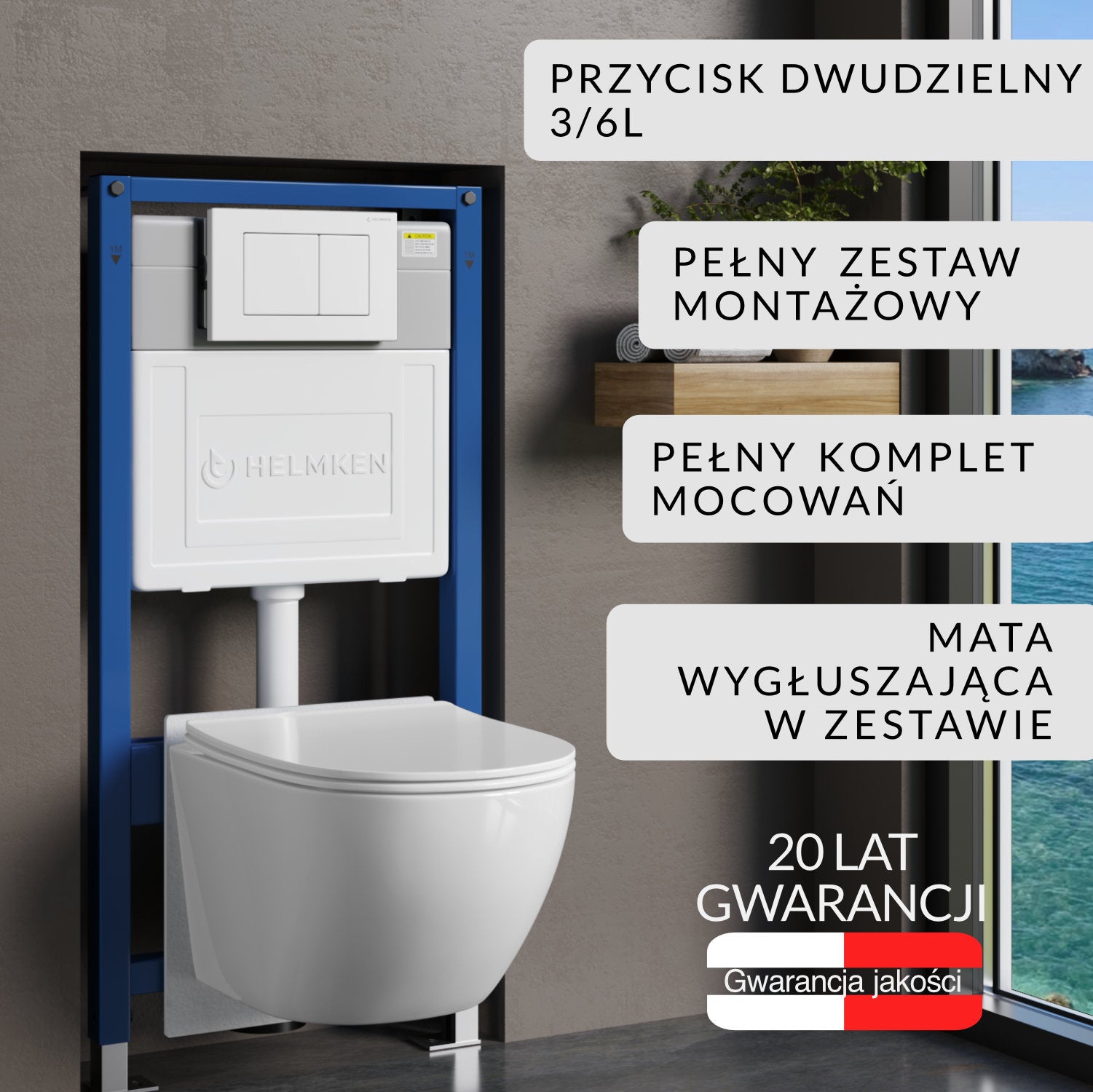 Zestaw podtynkowy WC Helmken 5w1: Stelaż, Biały Przycisk(J), Miska bezkołnierzowa Rimless 35103001B (Biała), Deska wolnoopadająca, Mata