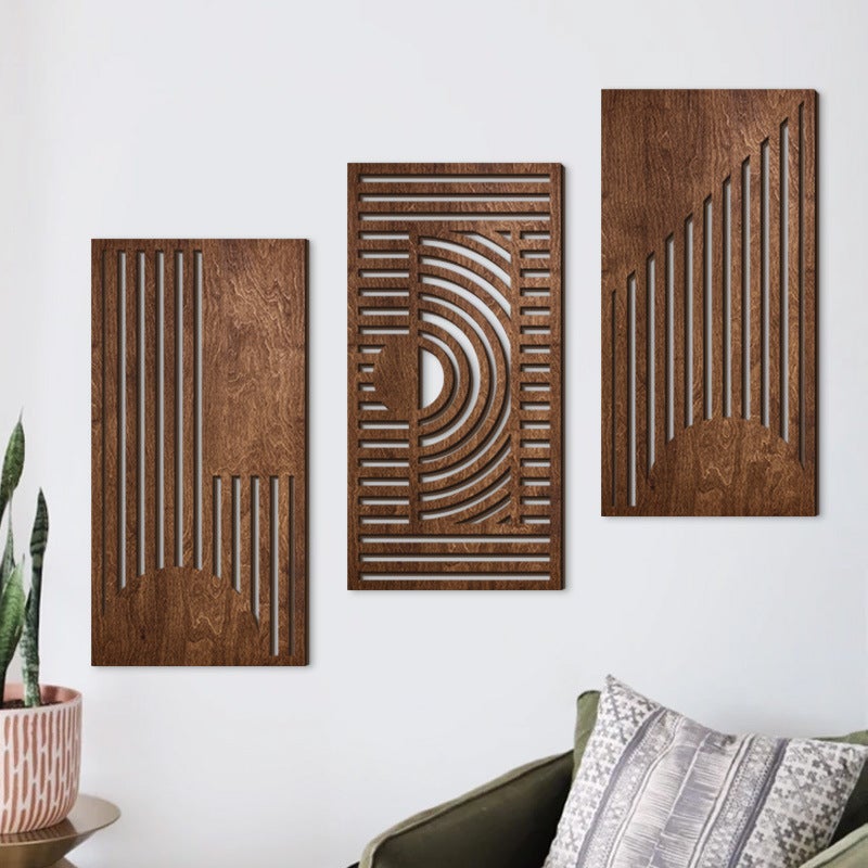 Lot de 3 décorations murales en bois géométrique, style minimaliste, sculpture 3D découpée à creux, décoration murale bohème abstraite - 3
