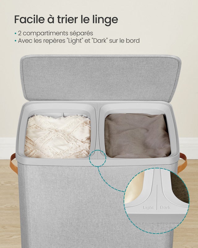 Panier à Linge, Corbeille à Linge Sale de 170 L, avec Couvercle et Poignées, Sacs Internes Amovibles, 56 x 40 x 75 cm, Gris Tourterelle - 3