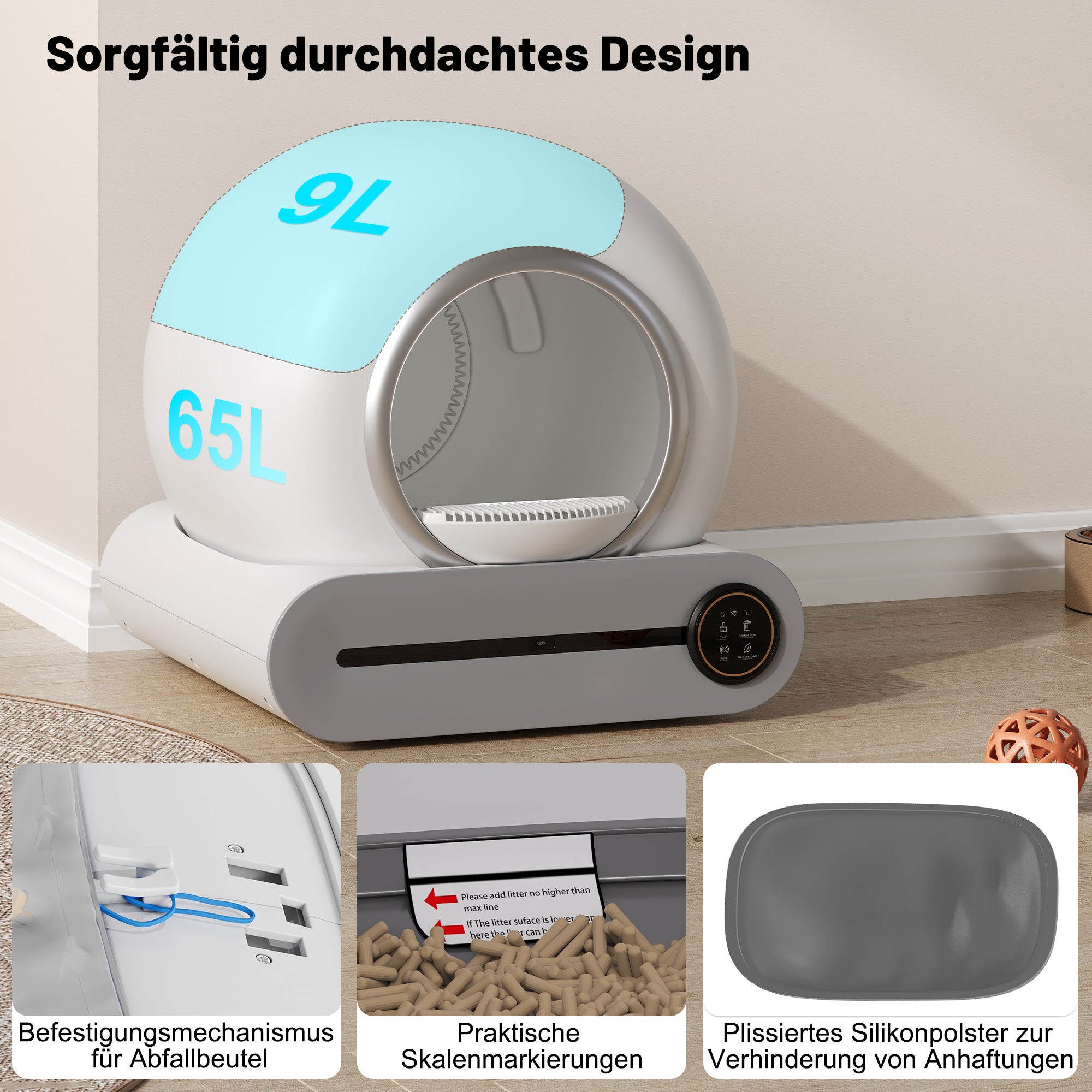 Caixa de areia adaptável autolimpante para gatos de 65 L - 48 x 52 x 50,5 cm - Controlada por aplicativo - Elimina odores - Branca - 3
