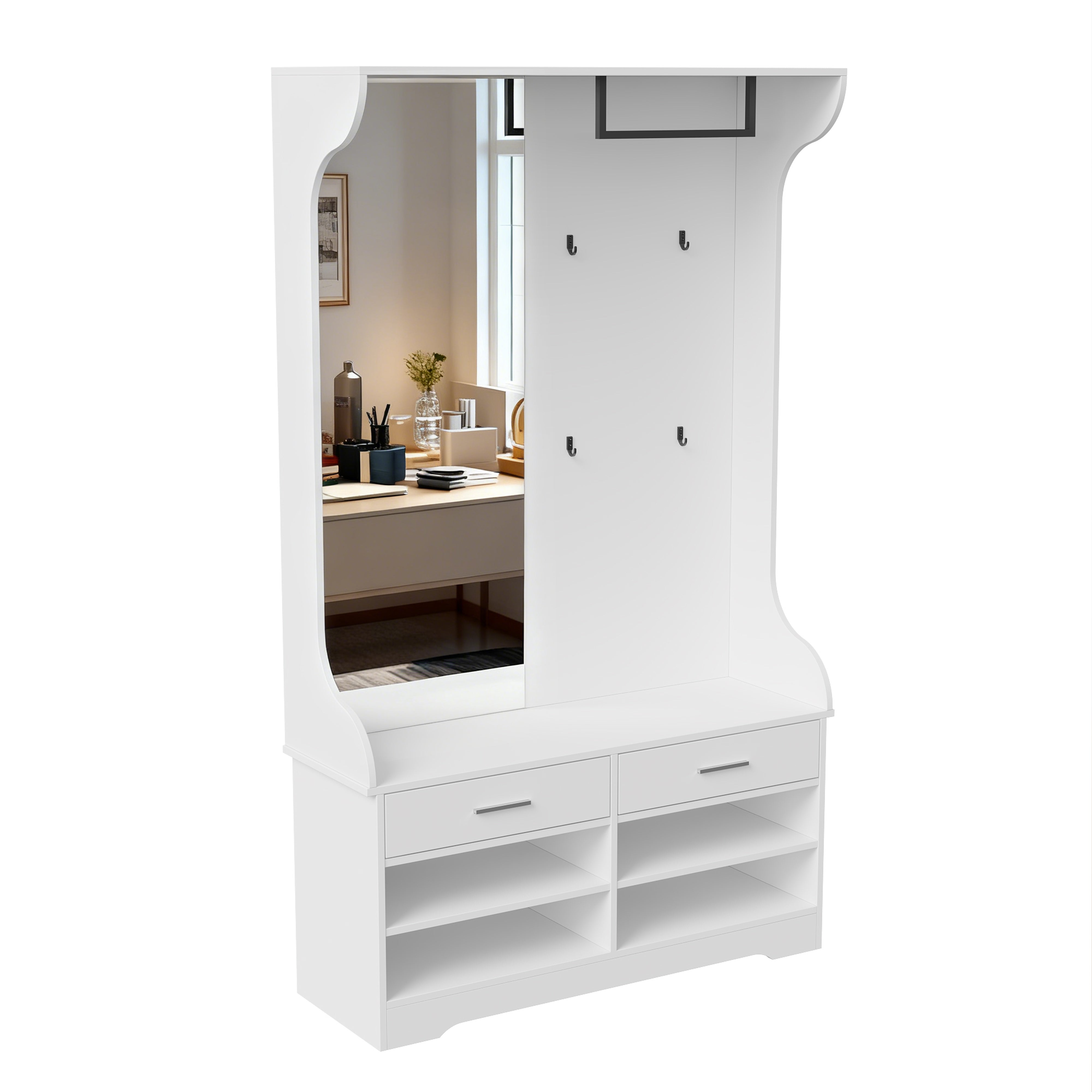 Porte-Manteau avec Miroir, Meuble d’Entrée avec Étagères à Chaussures Vestiaire d'entrée avec Tiroirs et 4 Crochets pour Entrée, Couloir, 104x35x180cm - 9