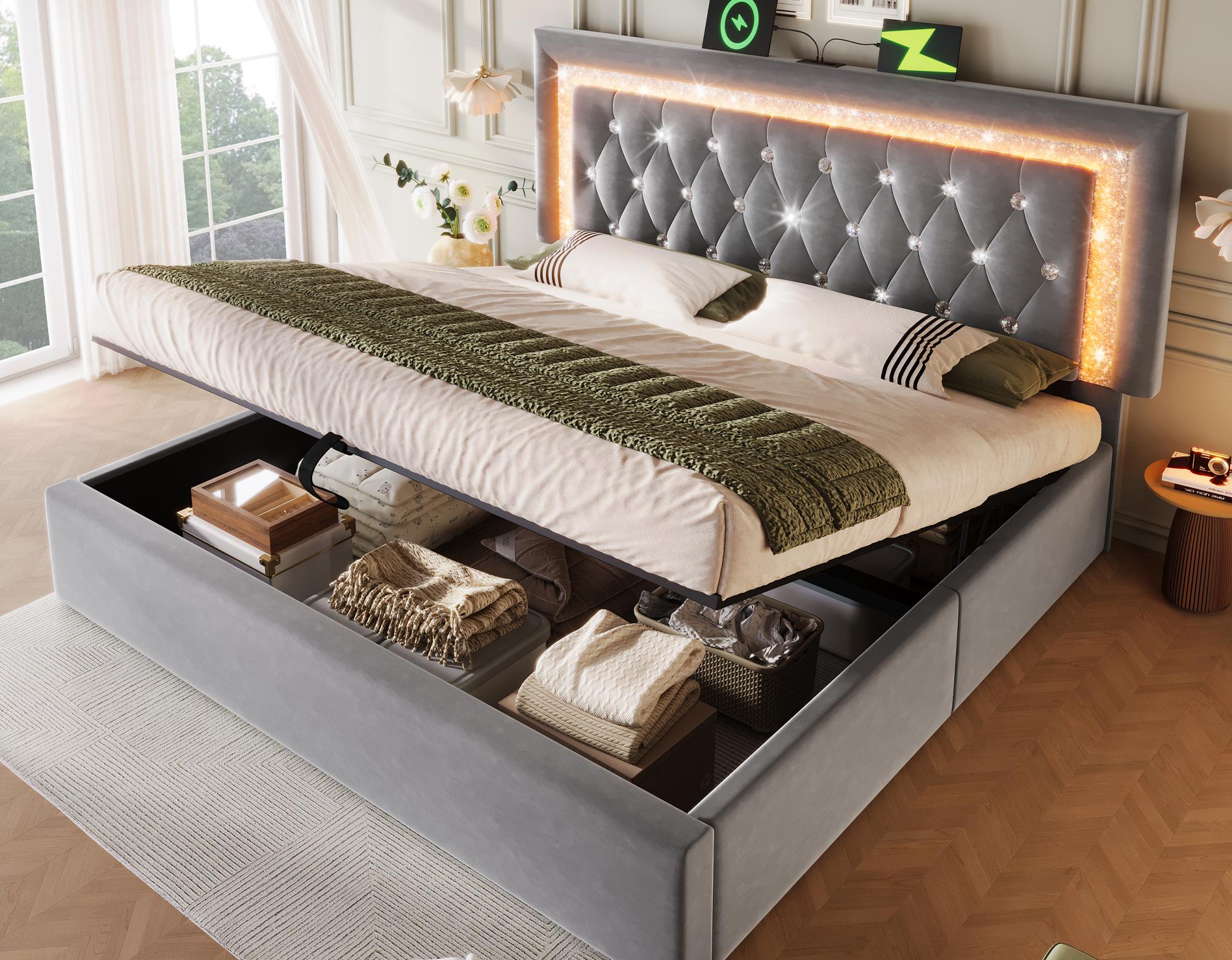 Łóżko tapicerowane z pojemnikiem 160x200 cm w welurowym wykończeniu - z oświetleniem LED - z portami USB i typu C - ze stelażem - kolor szary