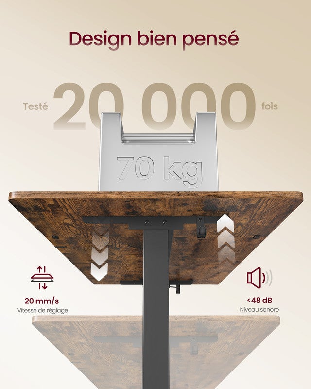Bureau Électrique Réglable en Hauteur, 140 x 70 cm, Support d'Écran à Montage Flexible, Tiroir, Port USB-C, Rappel de Sédentarité, Marron Rustique - 7