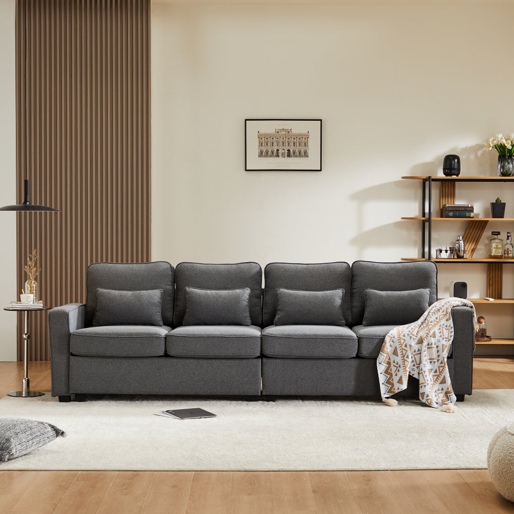 Sofa 4-osobowa, lniana, z kieszeniami w podłokietnikach, 4 poduszkami, prosta konstrukcja