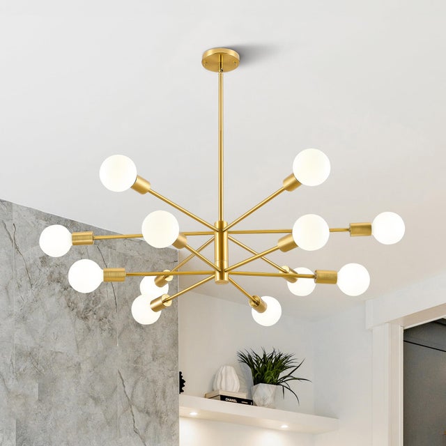 Nowoczesna lampa sufitowa, prosty, żelazny żyrandol molekularny w stylu retro, 12 głowic, kolor miedziany, bez źródła światła, E27