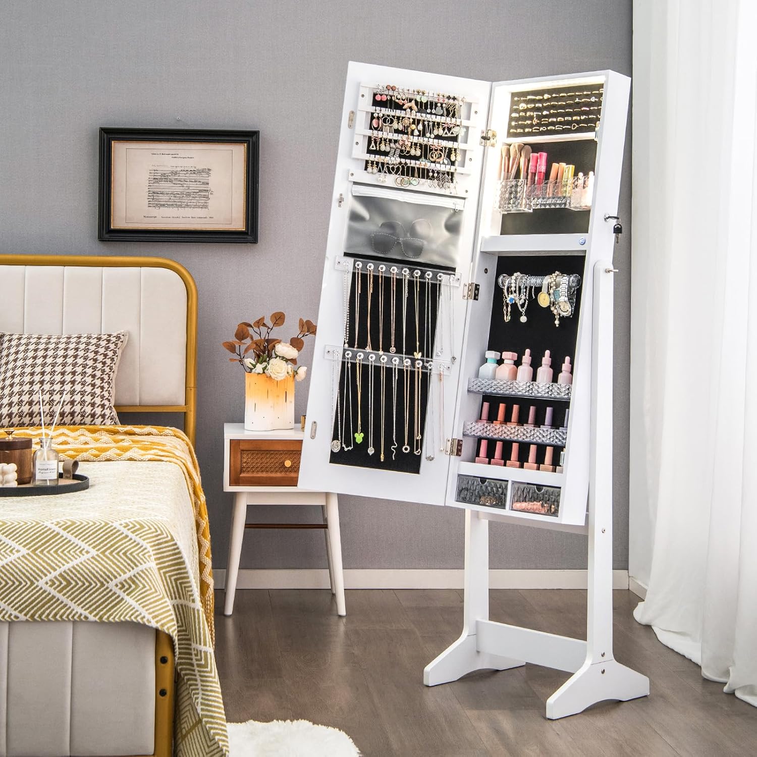 Armoire à Bijoux avec Miroir sur Pieds, Grand Miroir Psyché Sans Cadre avec Éclairage LED 3 Couleurs, avec 3 Angles Ajustables (Blanc) - 4