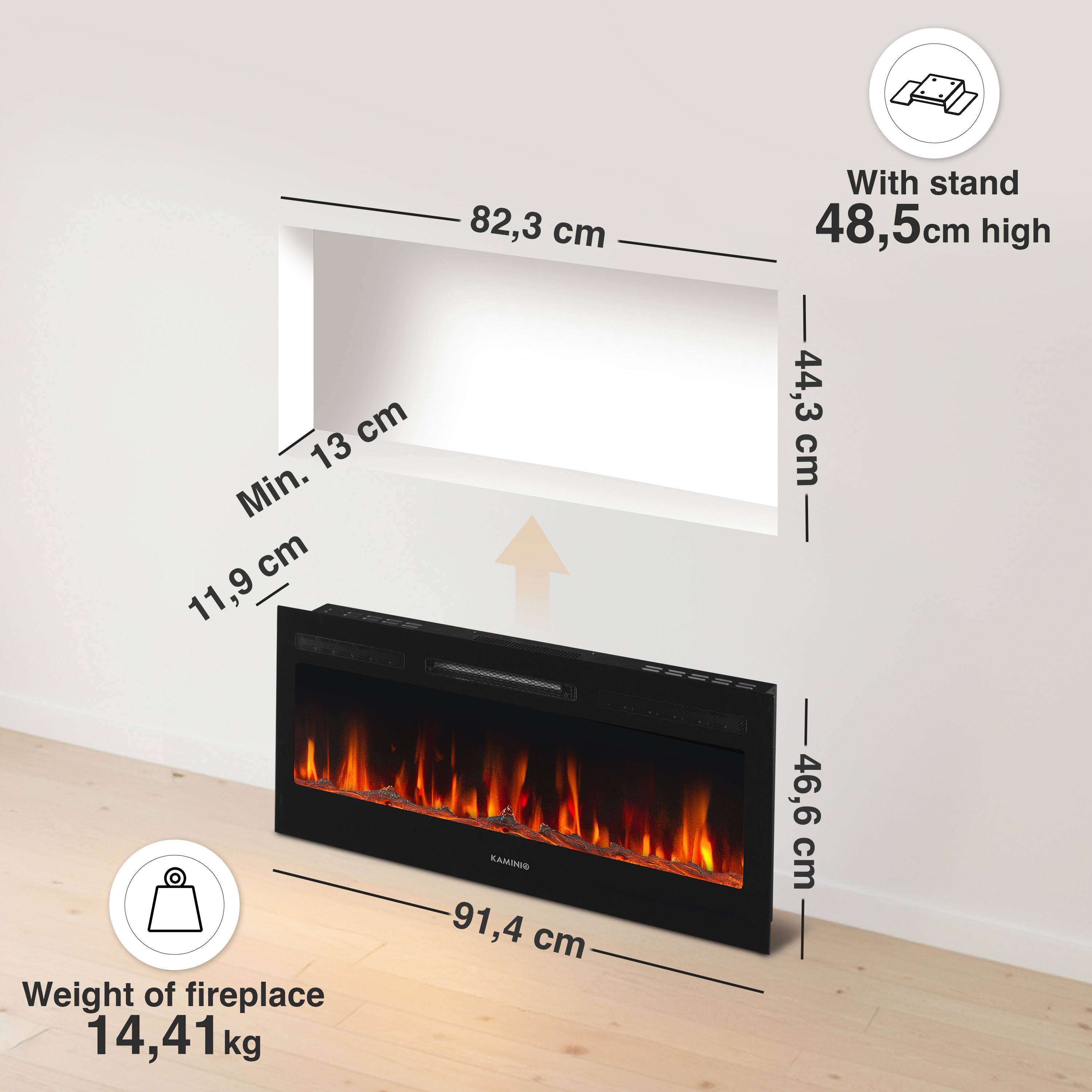 KAMINIO Chimenea eléctrica MARLON - Chimenea eléctrica 3 en 1 con calentador, efecto de llama 3D, 12 colores de llama, control remoto - 36 pulgadas - 6