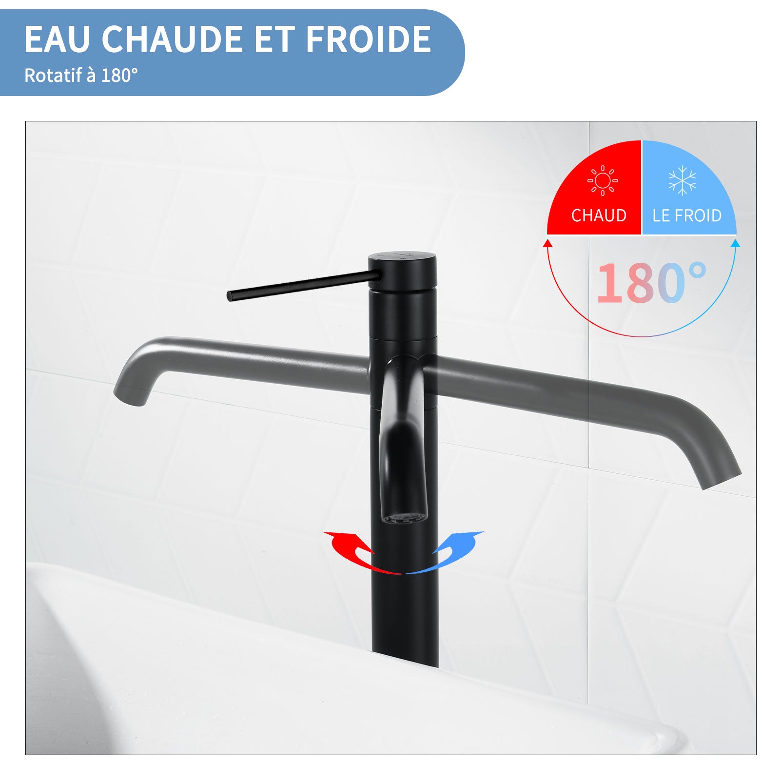 Mitigeur de Lavabo Noir Haut Bec en Inox SUS304 Robinet Salle de Bain Pivotant 360° Robinetterie Design Moderne pour Vasque - 2