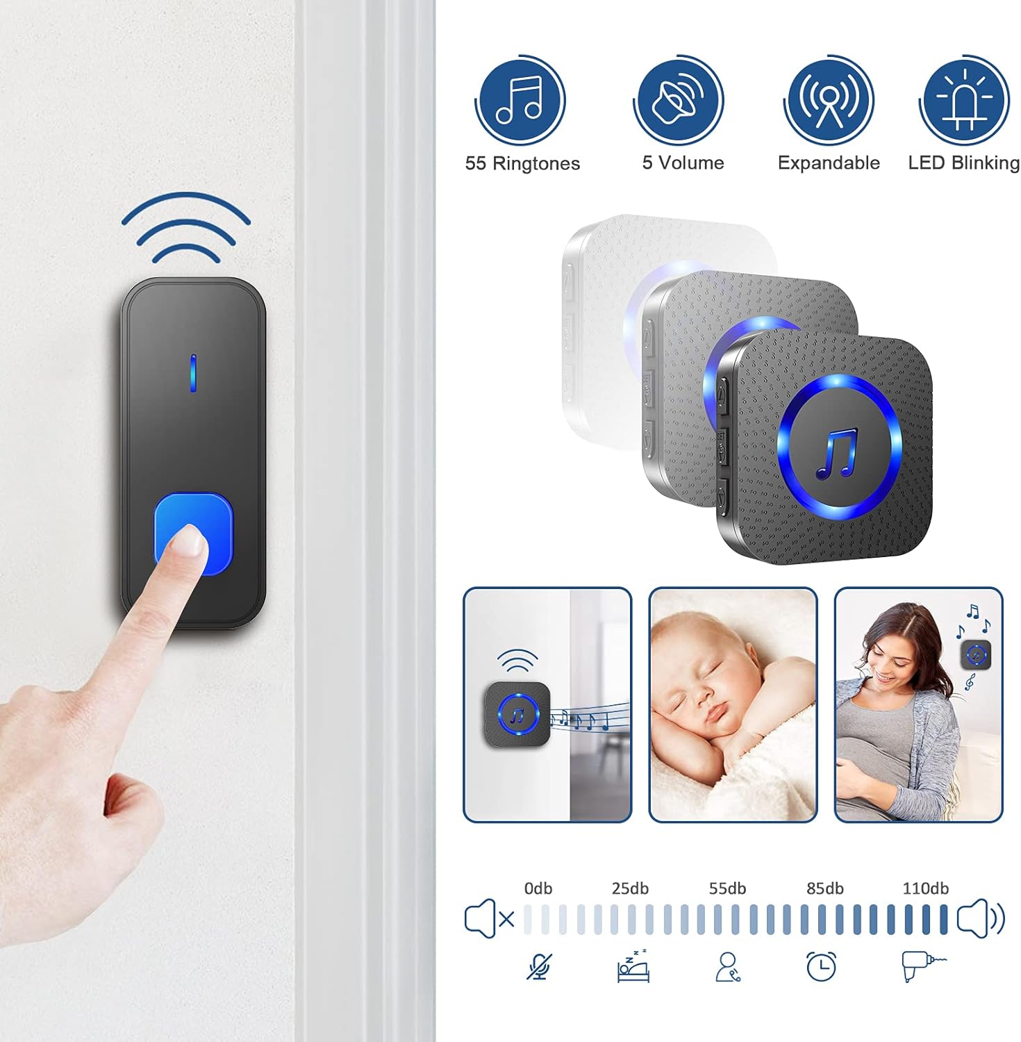 Sonnette sans Fil 400M Sonnette de Porte IP55 Étanche Carillon Electronique 55 Mélodies au 5 Niveaux Volumes LED Bleu Noir - 4