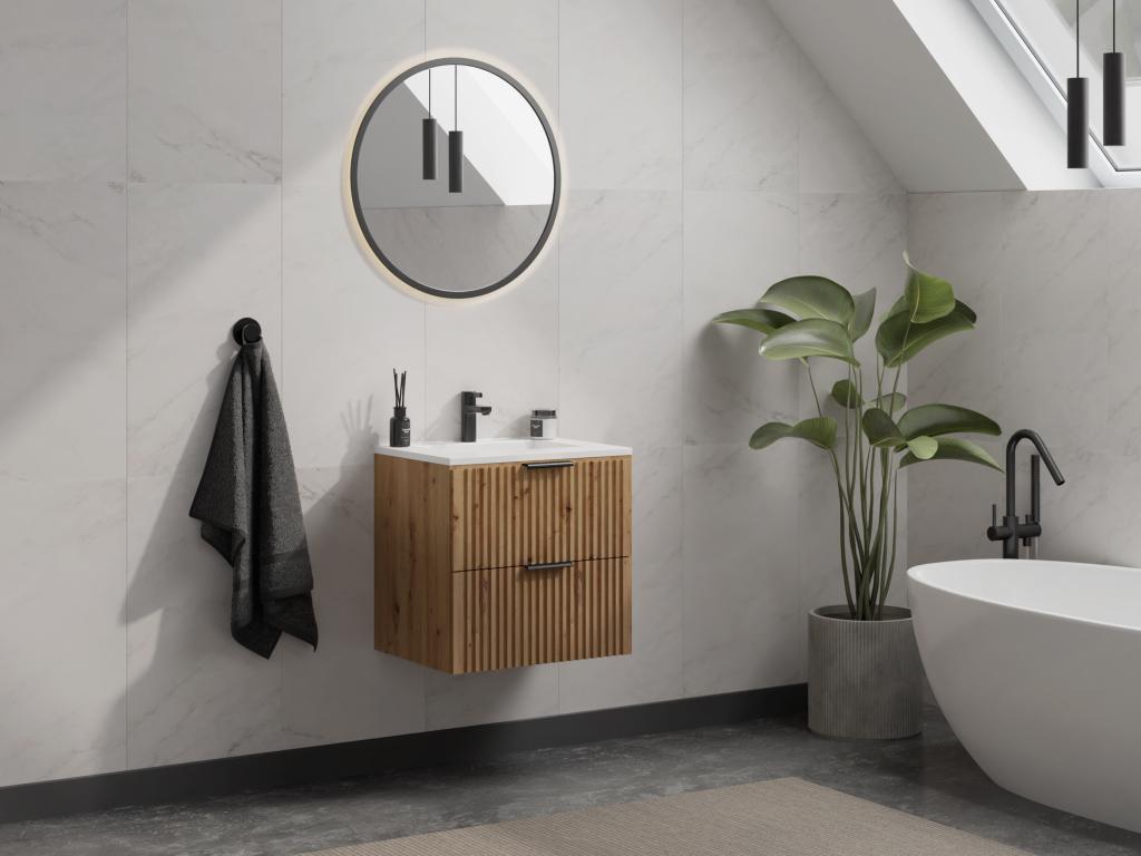 Meuble de salle de bain suspendu strié avec vasque à encastrer