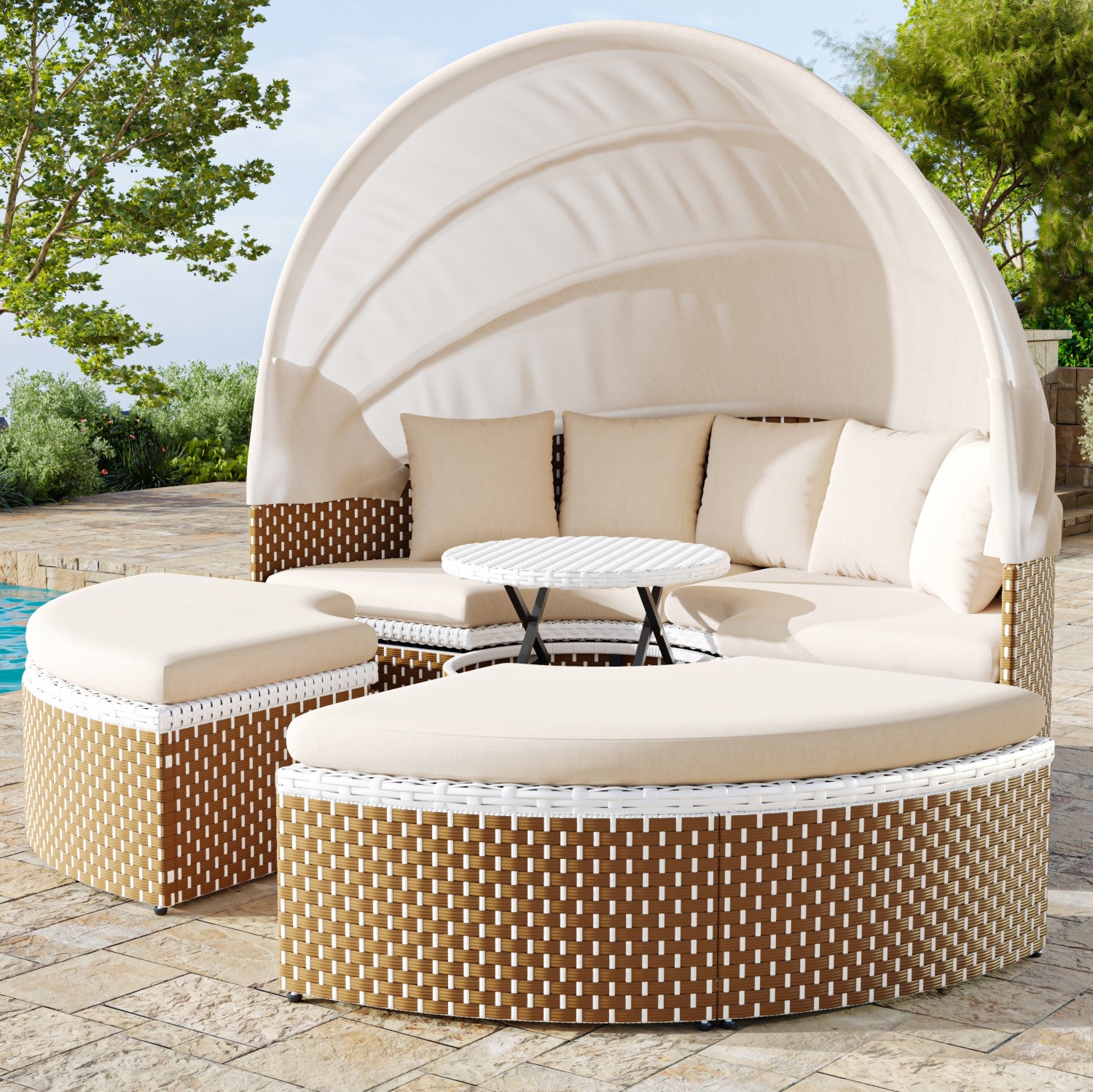 Ensemble de chaises longues de jardin, Sun Island, lit de jardin Shell, auvent rétractable, plateau de table relevable, beige - 4