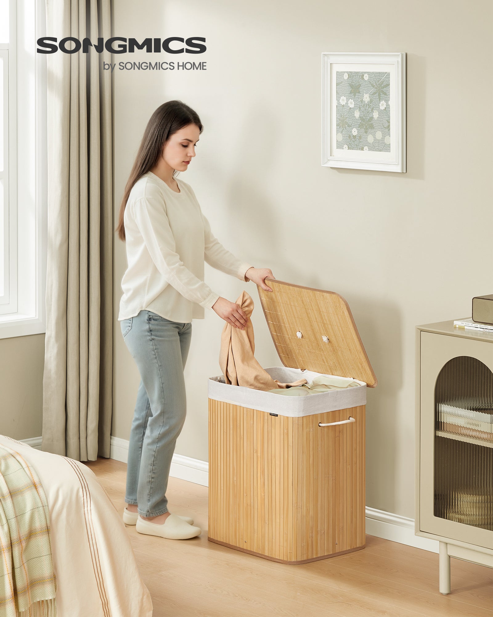 Panier à Linge avec Couvercle, 2 Compartiments, 120 L, Pliable, Sac Amovible et Lavable en Machine, avec Poignées, Naturel - 2
