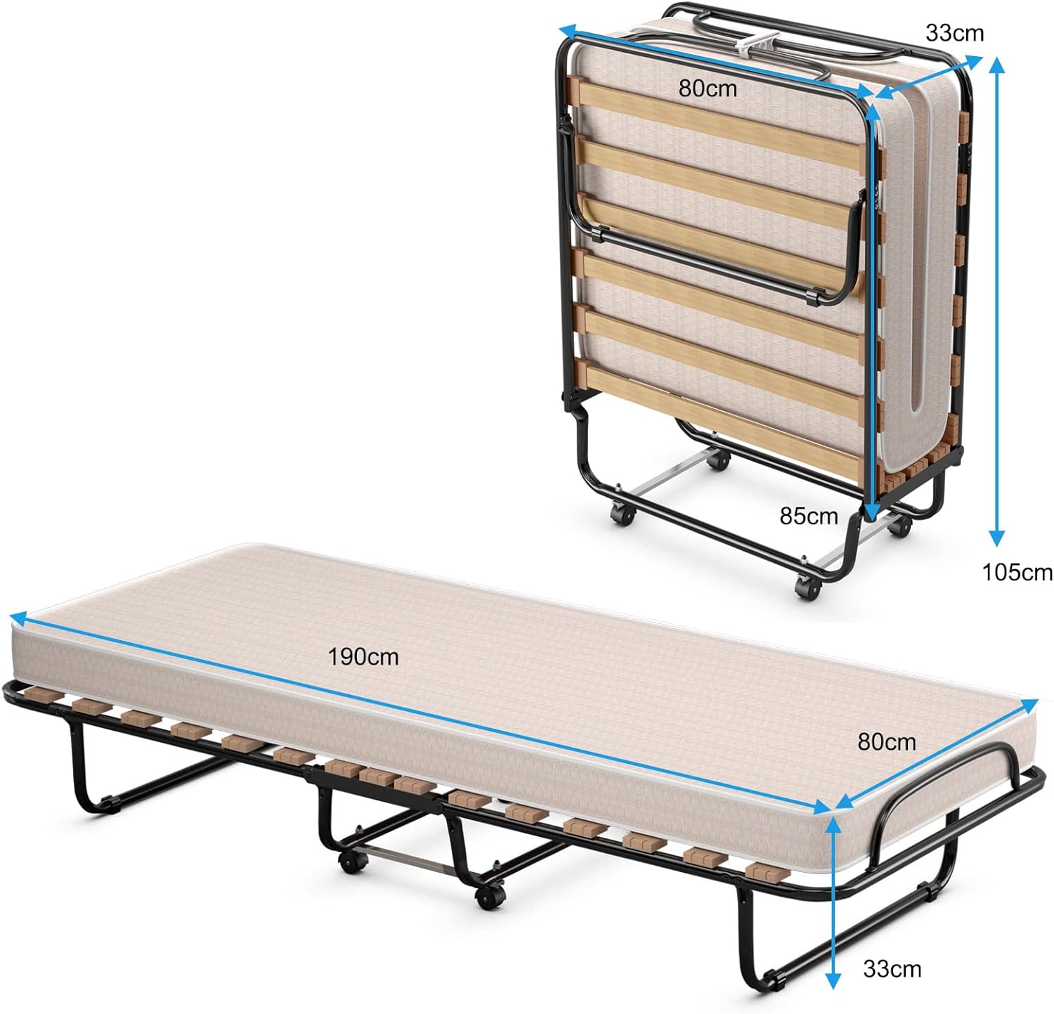 Łóżko dla gości 80 x 190 cm z materacem z pianki memory, składane łóżko pojedyncze, stabilne metalowe łóżko do 130 kg, na kółkach, do biura(beżowe) - 3