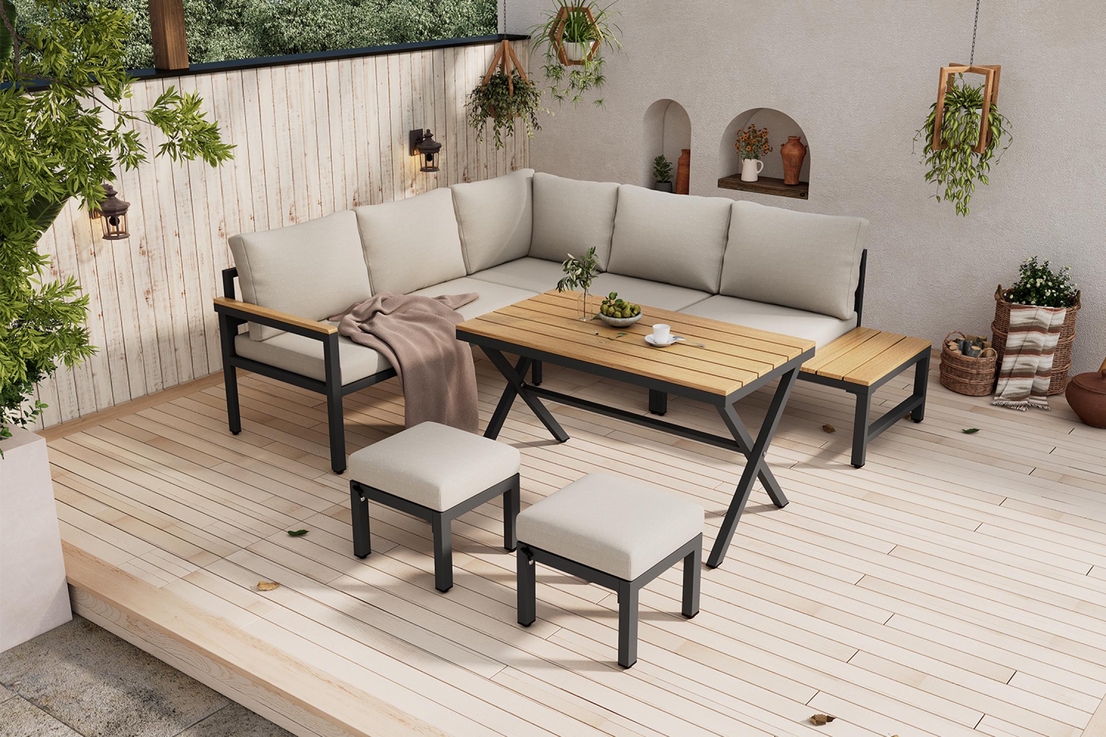 Ensemble de Salle à Manger de Jardin 4 Pièces avec Canapé d’Angle, Table et 2 Tabourets – Gris Beige - 9