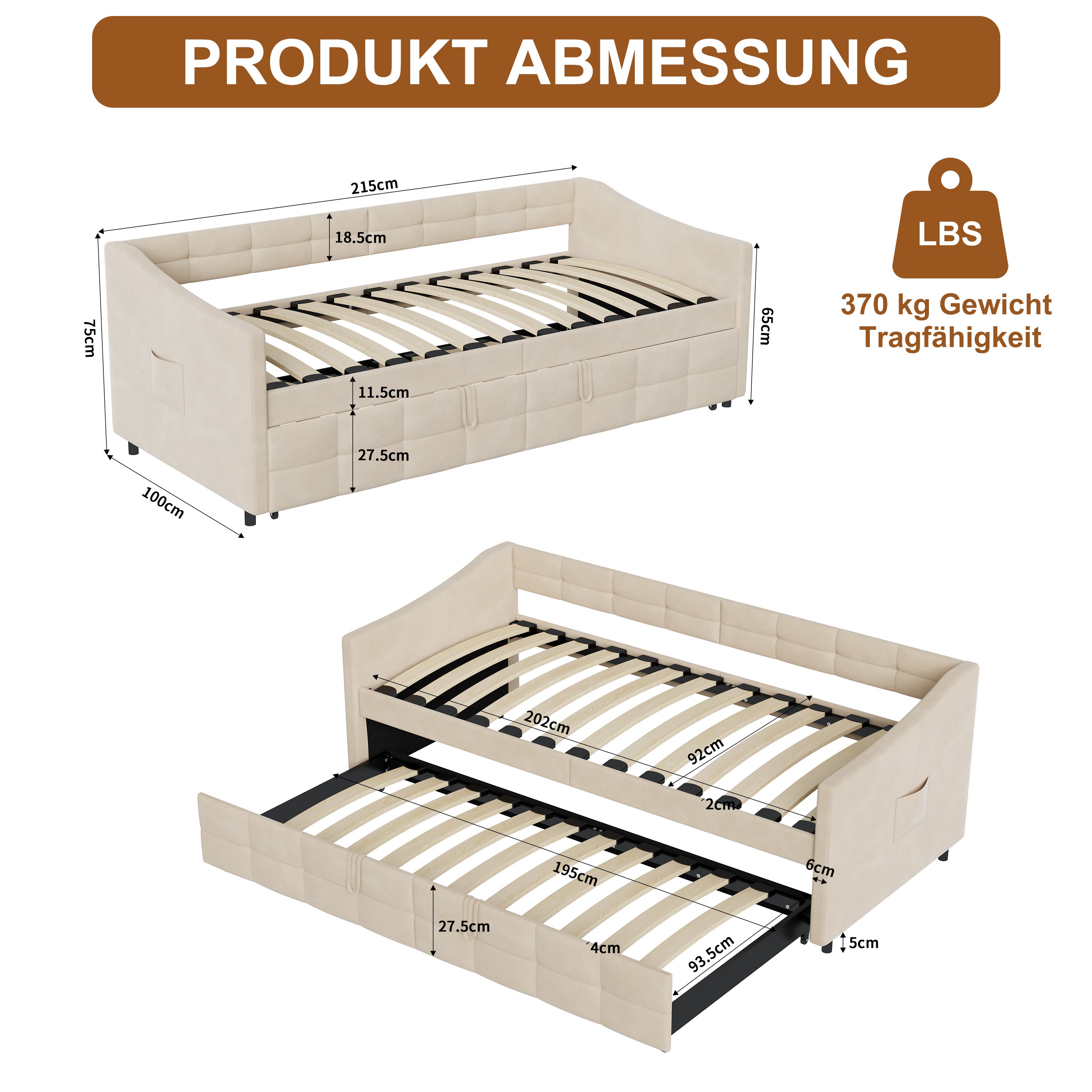 Canapé-lit Extensible 90x200cm,Canapé lit 2 Places,lit Simple avec sommier à Lattes,avec lit gigogne,sans matelas,beige - 5