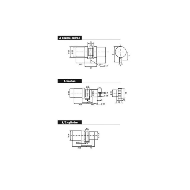 Cylindre monobloc SUPER SURETE à bille avec bouton 39,5x33,5mm BRICARD 714900
